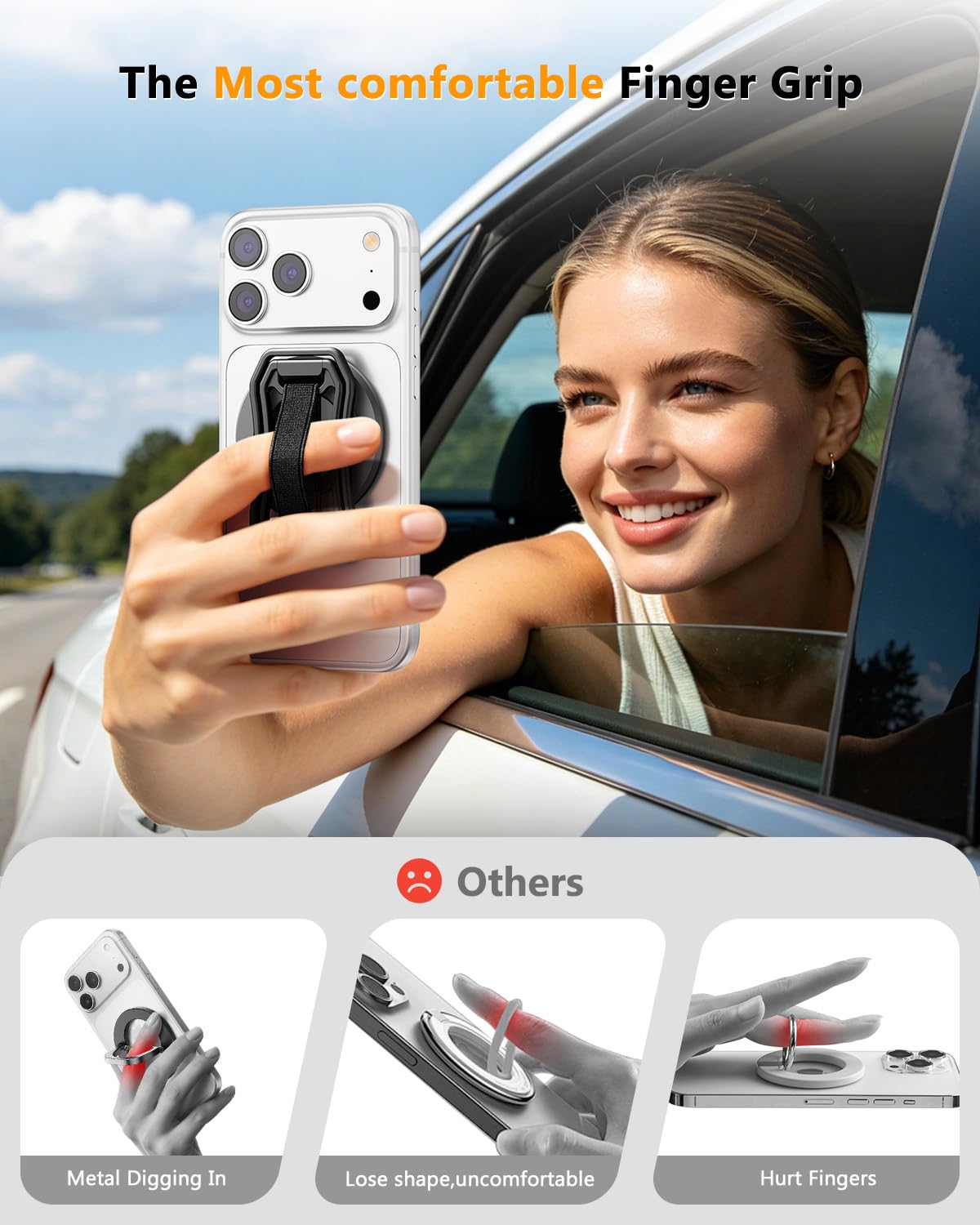 Oerwin for Magsafe Phone Grip, 6-in-1 Magnetic Phone Holder for Magsafe Kickstand, 360° Rotation Phone Ring Holder with Elastic Strap, Compatible