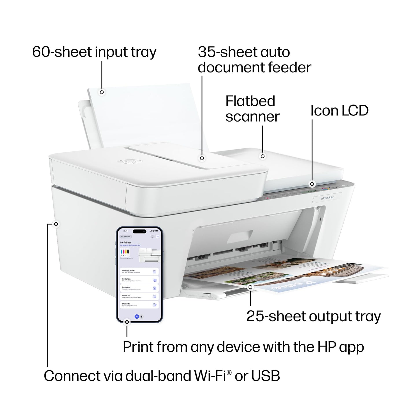 HP DeskJet 4327 Wireless All-in-One Color Inkjet Printer, Scanner, Copier, 6 Month Trial of Instant Ink Included, AI-Capable (B3ZF6A)