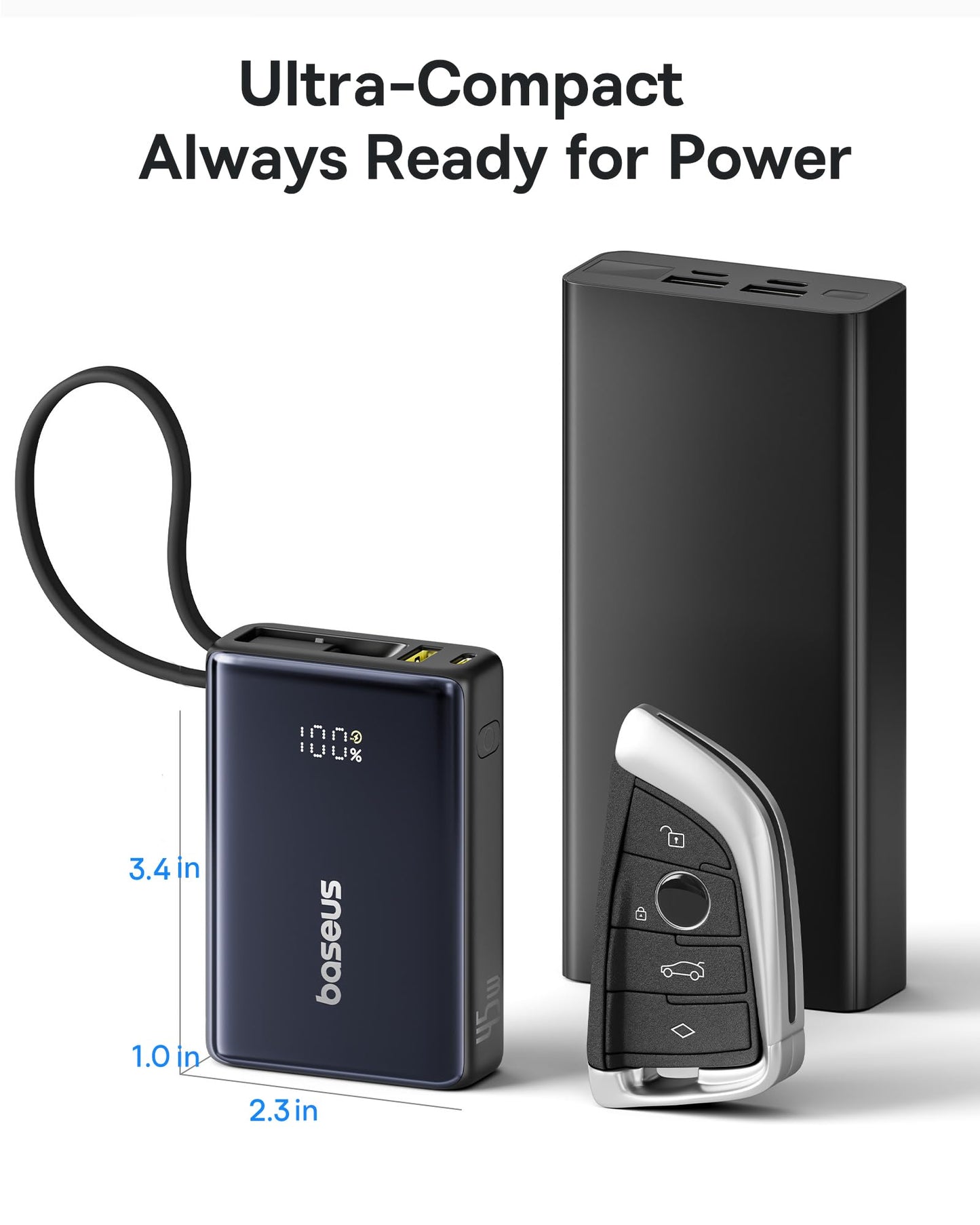 Baseus Power Bank, Picogo 10000mAh 45W 3-Output Portable Charger with Built-in USB-C Cable, PPS/PD QC Fast Charging External Battery Pack for iPhone