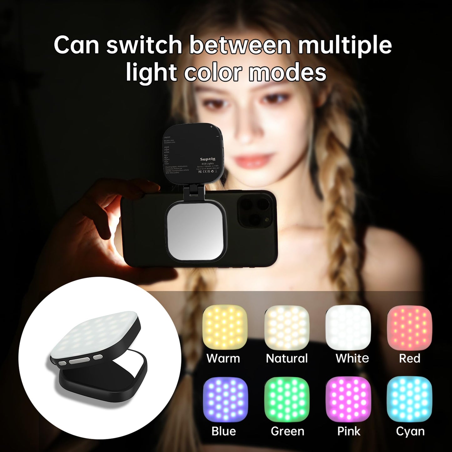 Suptig Magnetic Selfie Light, Selfie Light Phone Light Compatible for iPhone Magsafe, RGB 360° LED Selfie Ring Fill Light with Mirror