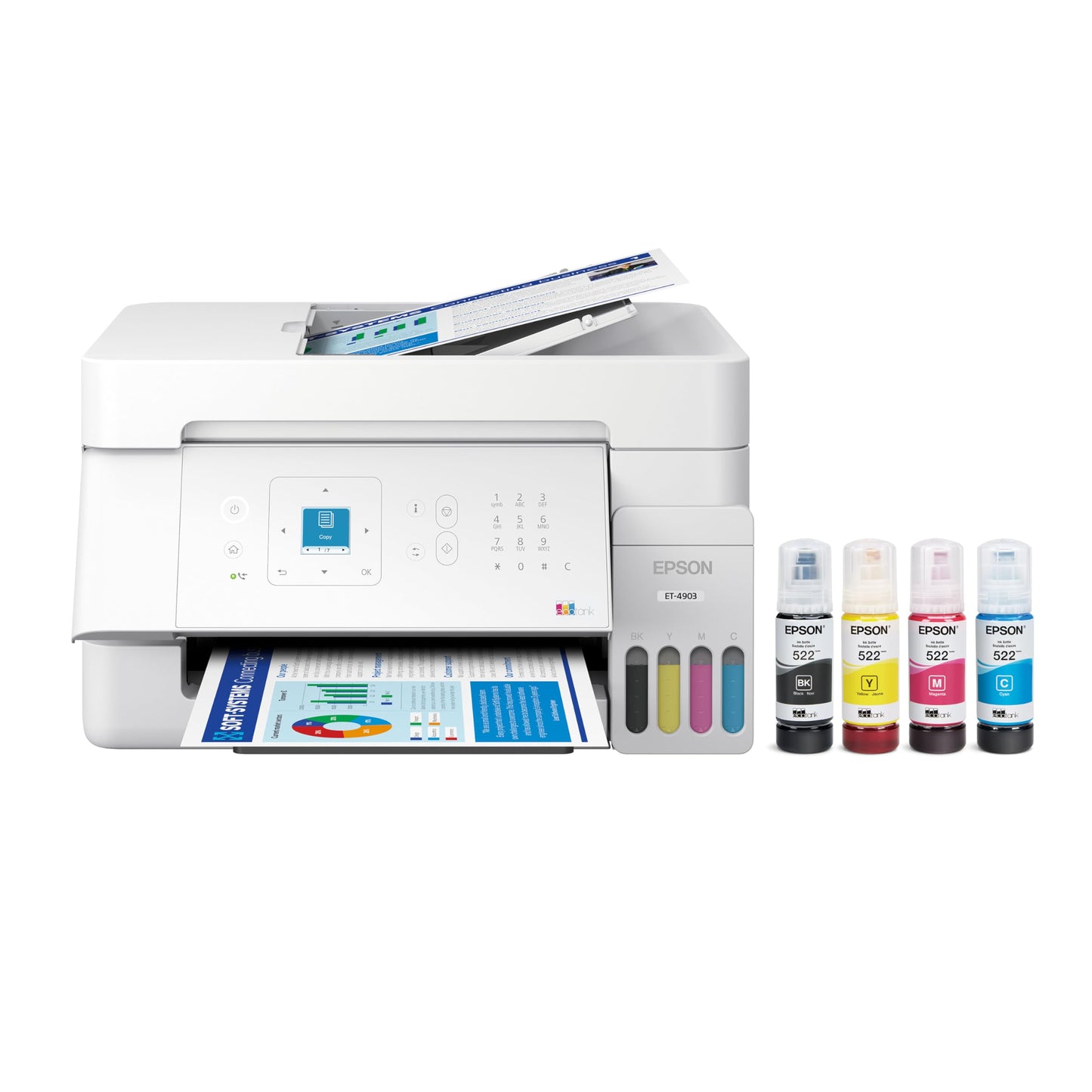 Epson EcoTank ET-4903 Wireless All-in-One Color Supertank Printer with up to 3 Years of Ink, Refillable Tanks, Perfect for Home Office, 11 PPM, 1.44"