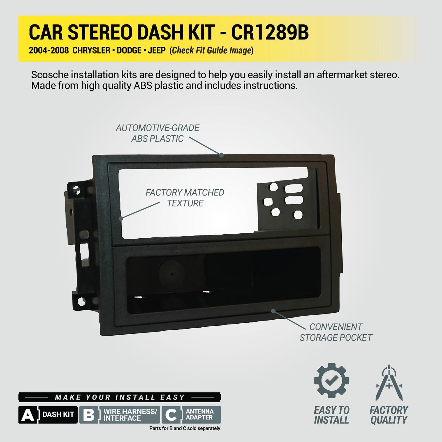Scosche CR1289B Radio Install Dash Kit Compatible with Select 2005-08 Chrysler, Dodge & Jeep - Fits Double DIN or Single DIN with Storage Pocket - Car