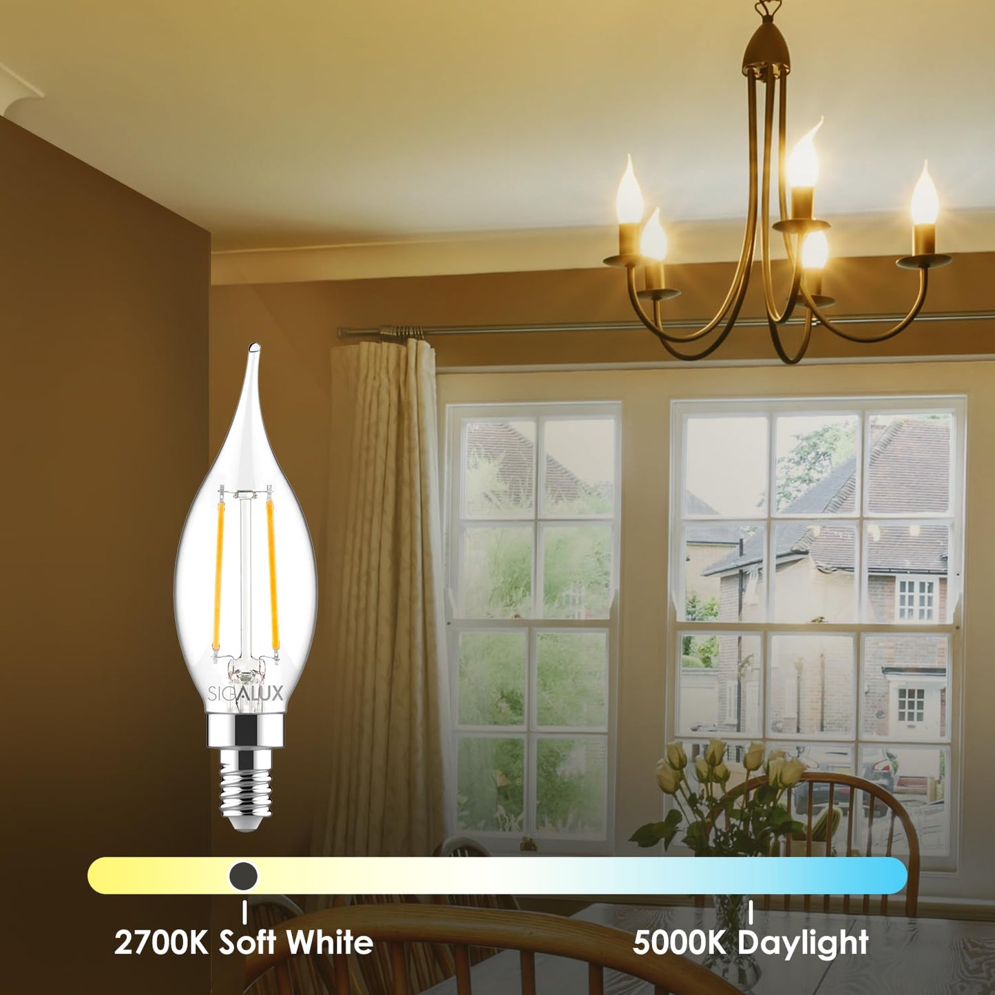 Sigalux E12 LED Bulb Candelabra Base 60 watt LED Chandelier Light Bulbs Dimmable, Flame Tip Candelabra LED Bulbs, 4.5W, 500LM 2700K Soft White, CA10