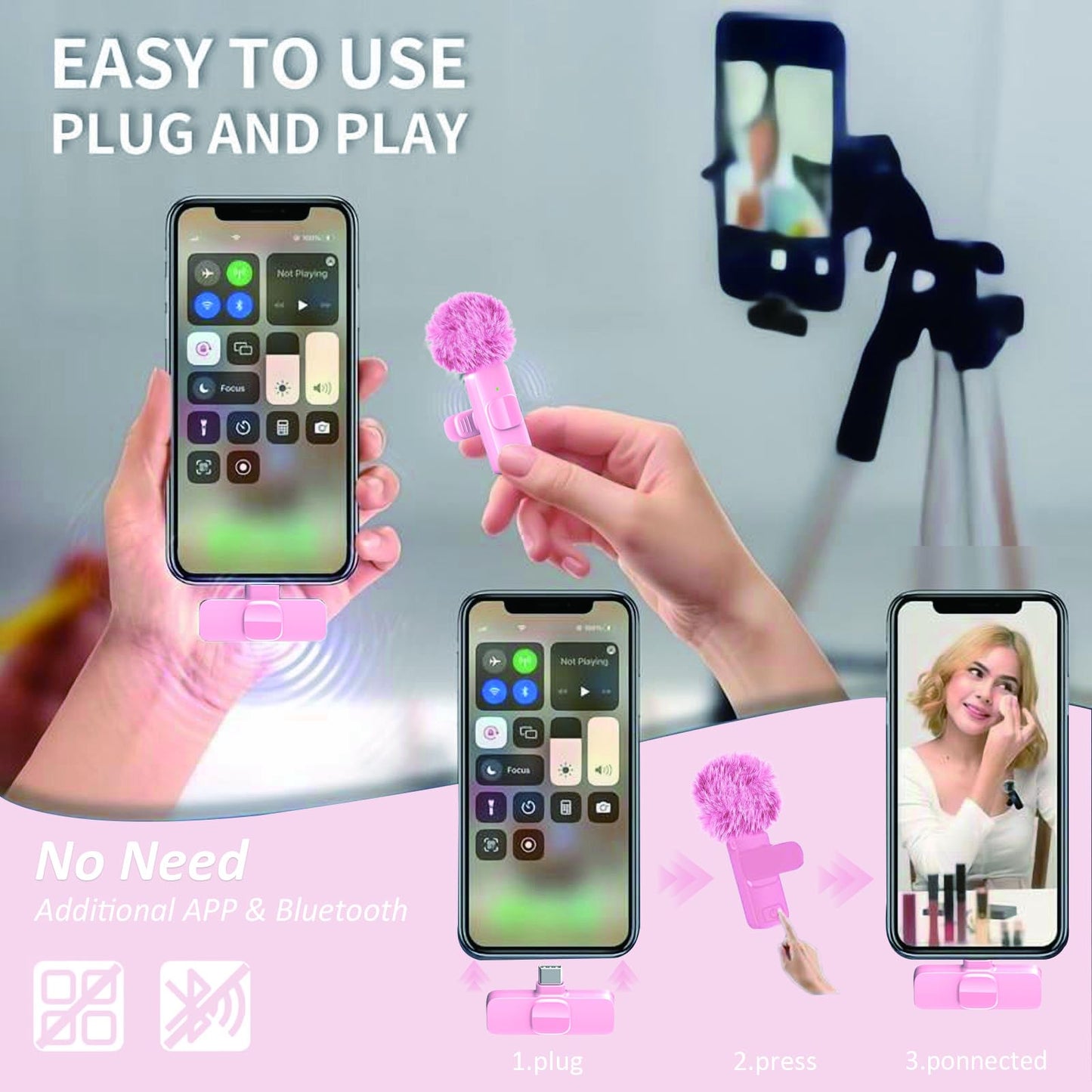 Pink Mini Wireless Microphone, Professional Lavalier Lapel Mic with USB-C & Lightning for iPhone, iPad, Android, iPhone Mic for Crystal Clear