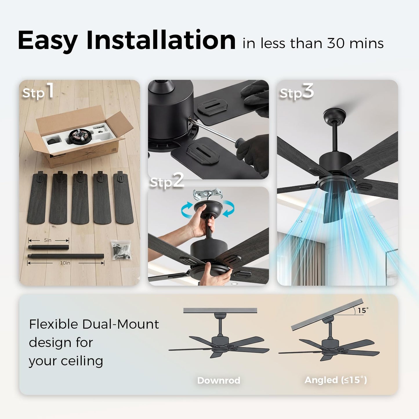 Obabala 52 Inch Ceiling Fan No Light, Modern Black Ceiling Fan Without Light with Remote & APP, Quiet Reversible DC Motor, 6-Speeds, for Living Room