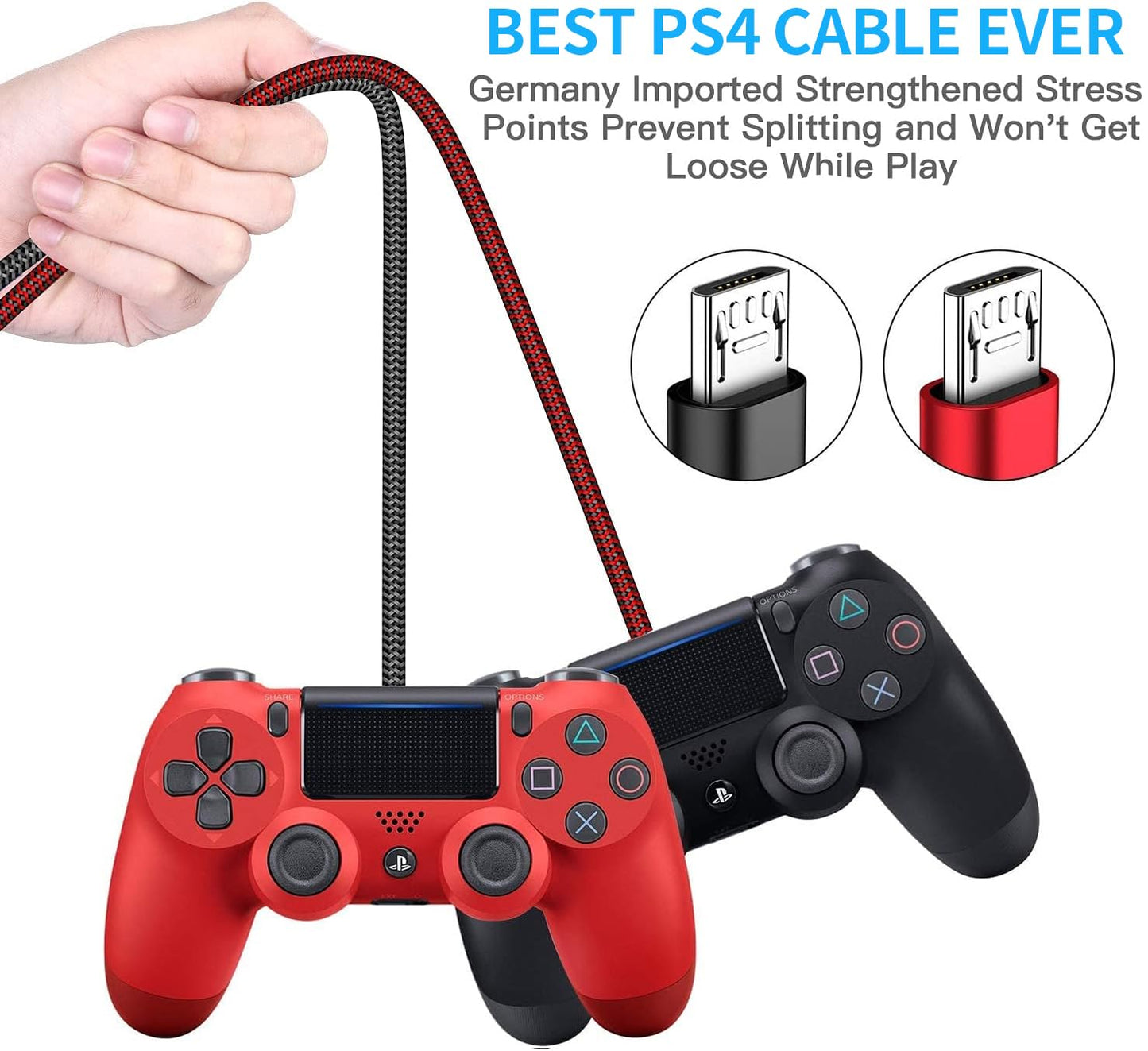 KOOWOD PS4 Controller Charger Charging Cable - 2 Pack 10FT Nylon Braided Micro USB 2.0 High Speed Data Sync Cord for PlayStation DualShock 4, Xbox One
