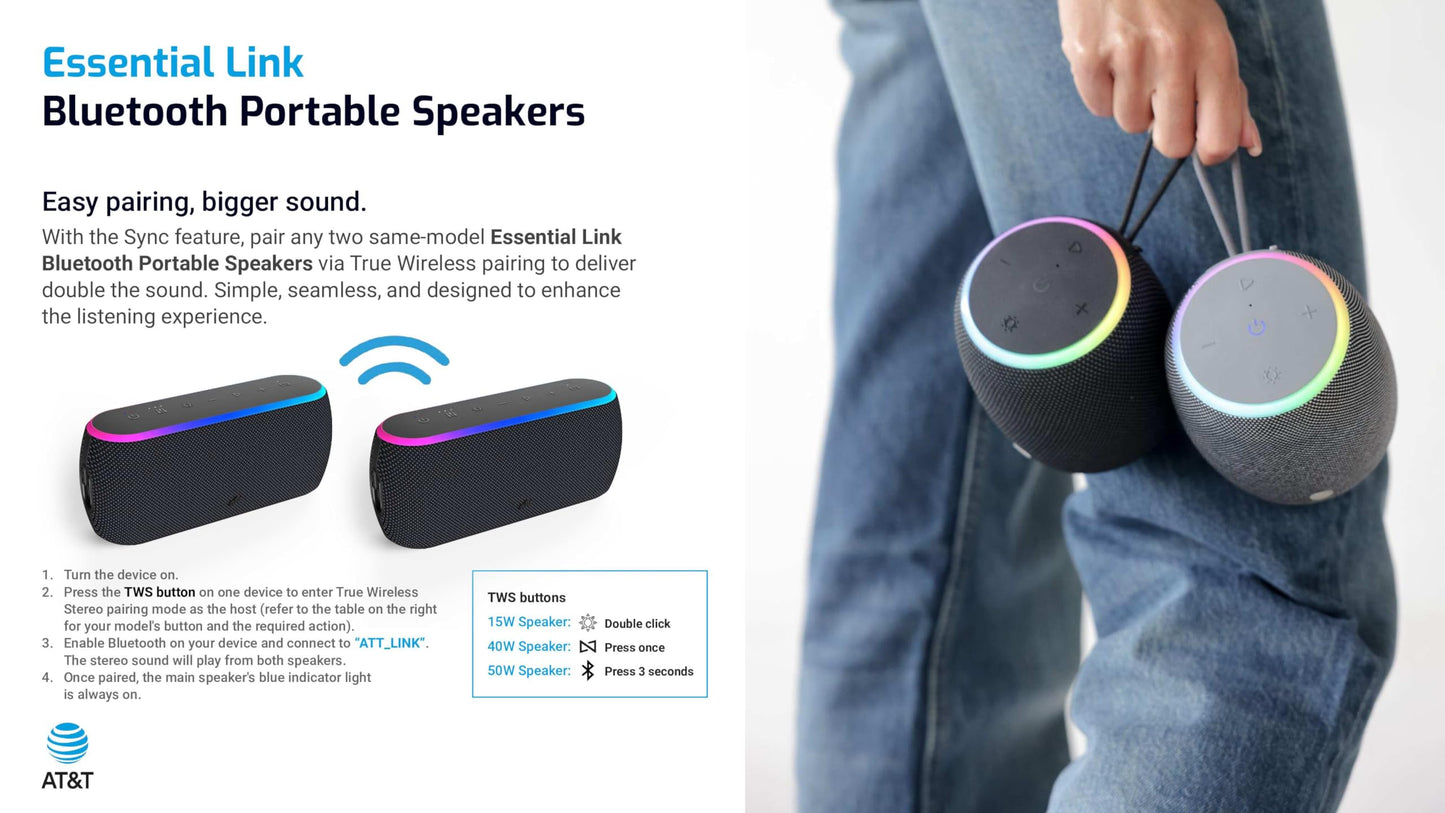 AT&T Essentials 40W Portable Bluetooth Speaker - IPX6 Waterproof, Wireless Dual Pairing, 15H Playtime, Removable Strap/Handle - Home/Kitchen/Outdoor