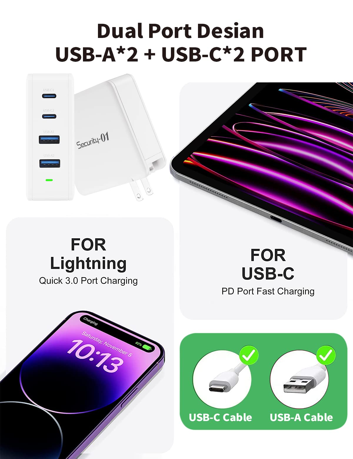 100W USB C Charger, Security-01 4 Ports GaN PD Fast Wall Charger, Compatible with MacBook Pro, MacBook Air, iPhone 14 13 Pro,Steam Deck,Galaxy S22/S21