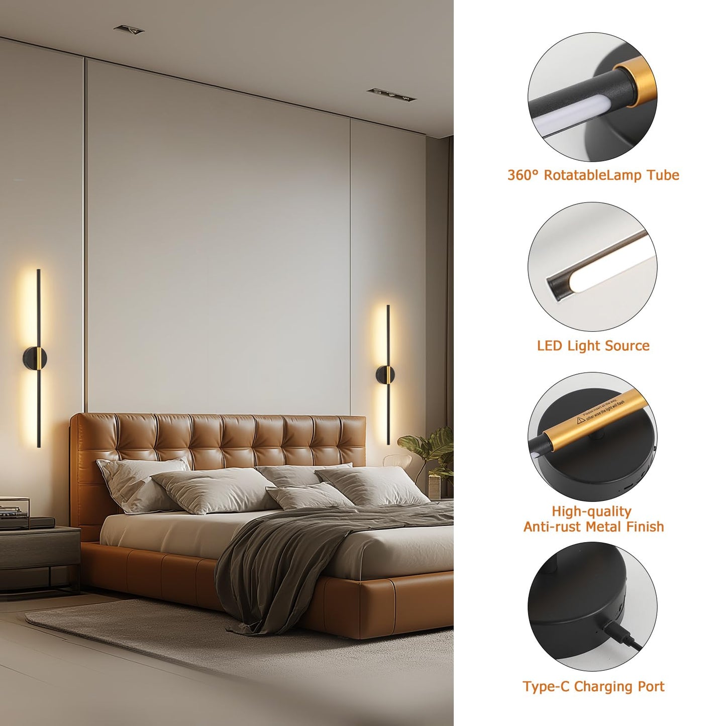JOOSENLUX Battery Operated Wall Sconces Set of 2 - Gold & Black LED Wall Light, Dimmable, Remote?Control, Adjustable Arm, Cordless Aluminum Modern Art