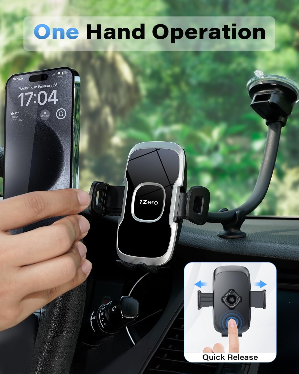 1Zero Solid Car Truck Phone Mount Holder with 14-Inch Gooseneck Long Arm, Windshield Window Mobile Holders w/Industrial-Strength Suction Cup