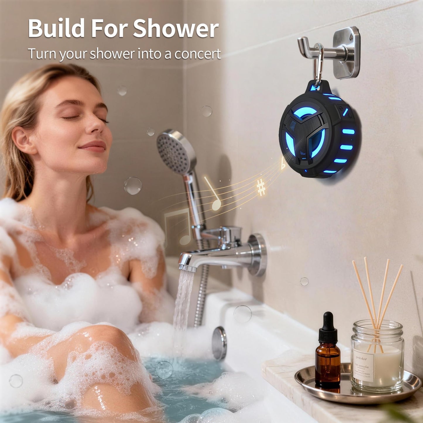 EBODA Bluetooth Shower Speaker, Portable Bluetooth Speakers, IP67 Waterproof Wireless Speaker with LED Light, Floating, 2000mAh, True Wireless Stereo