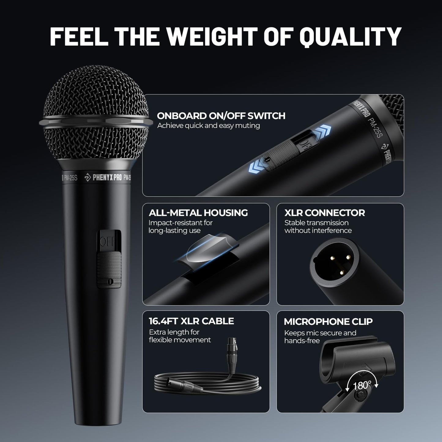 Phenyx Pro Dynamic Vocal Microphone, Cardioid Microphone with ON/Off Switch, 16.4 ft XLR Cable, Mic Clip, Storage Bag, Wired Handheld Mic for Singing