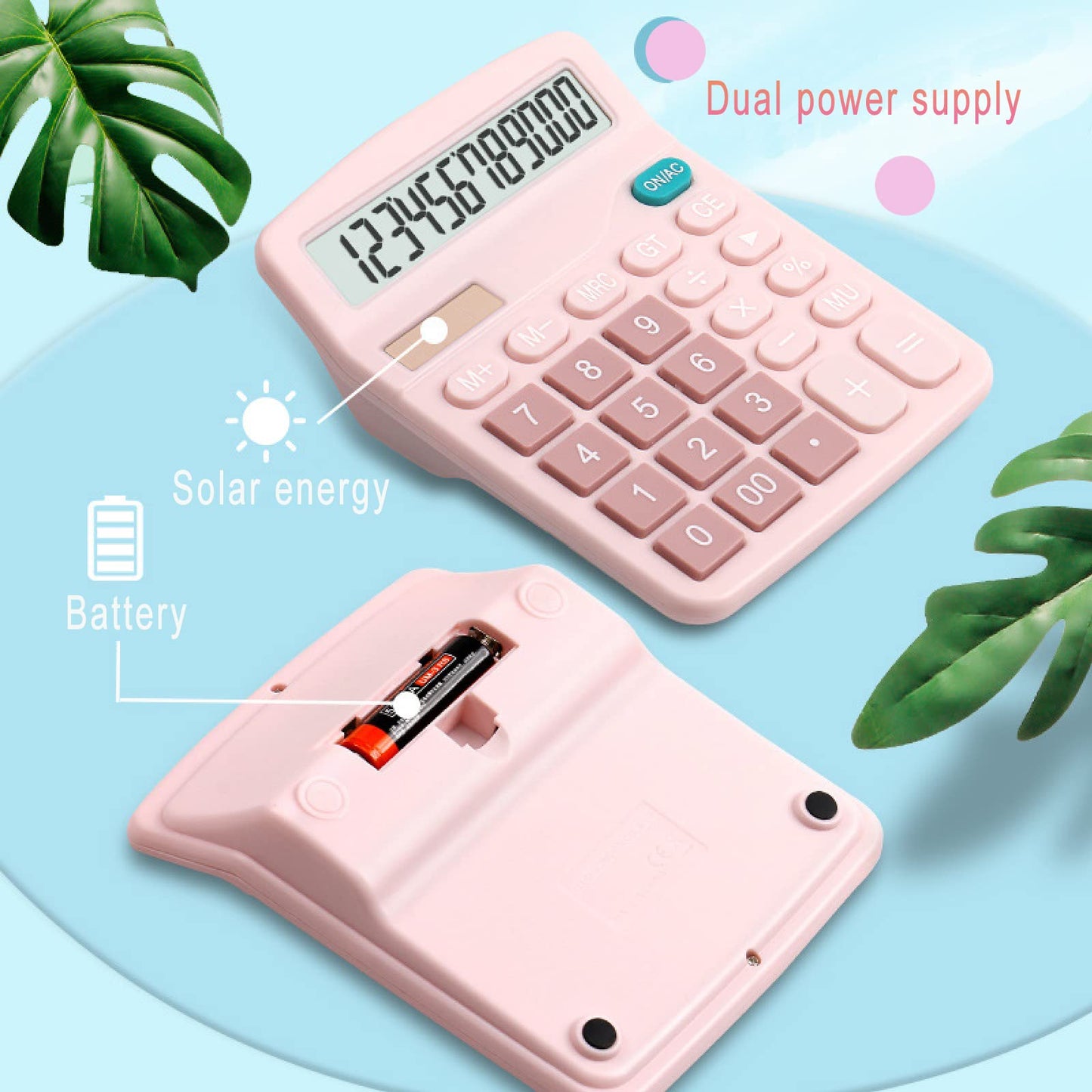 YOUHO Pink Office Desk Calculator, 12-bit Solar Battery Dual Power Standard Function Electronic Calculator with Large LCD Display (1PACK?Pink)