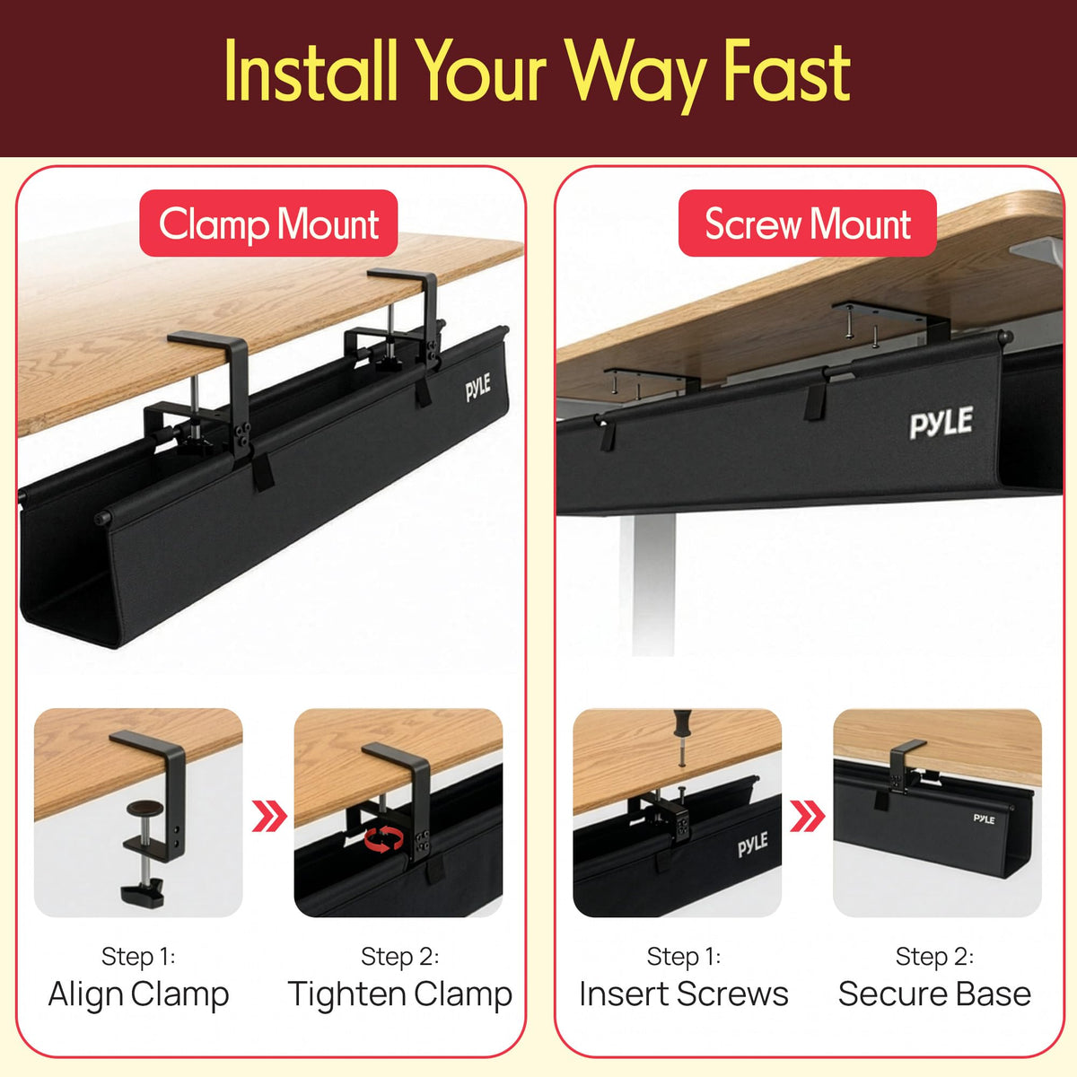 Pyle 48" Under Desk Cable Management Tray, Under Desk Wire Organizer with Clamp or Screw Mount, Desk Cable Organizer with Fabric Design for Large