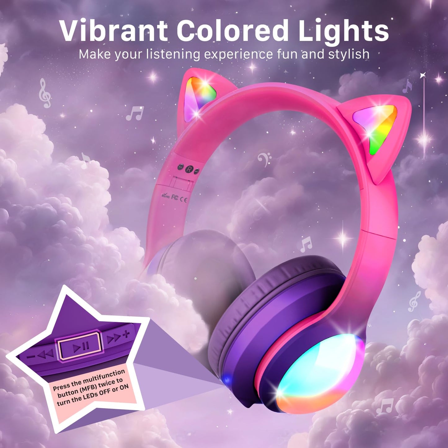 FosPower Kids Bluetooth 5.2 Headphones with LED Cat Ears (85/94dB Safe Volume Limit) Foldable Wireless or Wired Headset with 100hr Play Time…