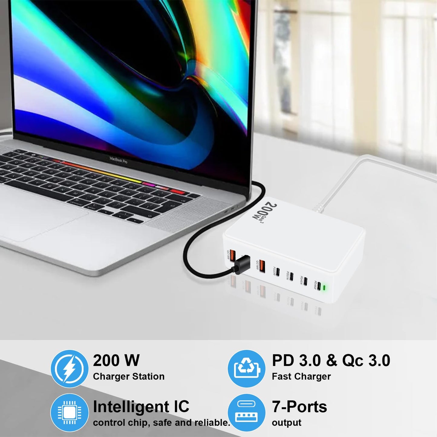 USB C Charger Station 200W 7 Port GaN Fast Charging Block, Multiport PD QC3.0 Brick Hub Compatible with Laptop MacBook Pro/Air, iPad, iPhone 17/16/15