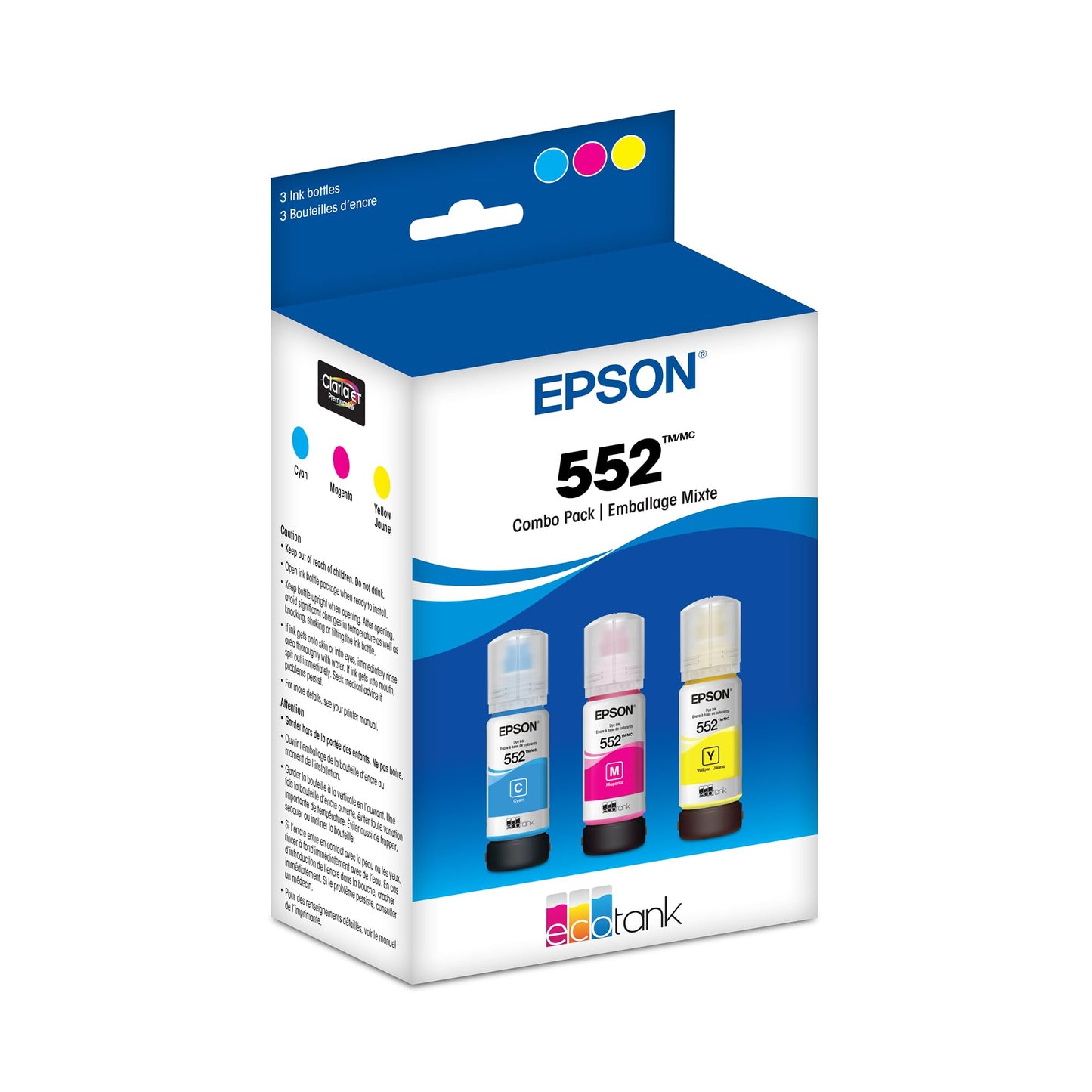 Epson 552 EcoTank Ink Ultra-high Capacity Bottle Three Color CMY Combo Pack (T552620-S) Works with ET-8500, 8550