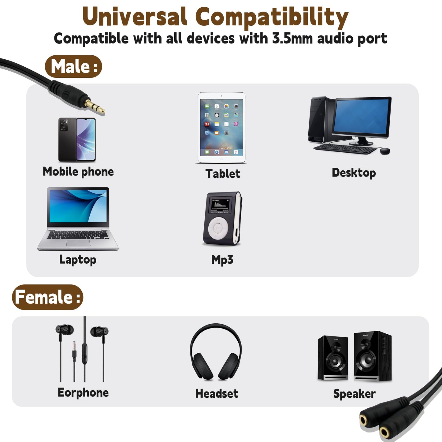 ONXE 2-Pack Gold Plated 3.5mm Stereo Jack Splitter Cable Adapter Connectors ,3.5mm Male To 2 X Female - for Connecting External Speakers or Use Both