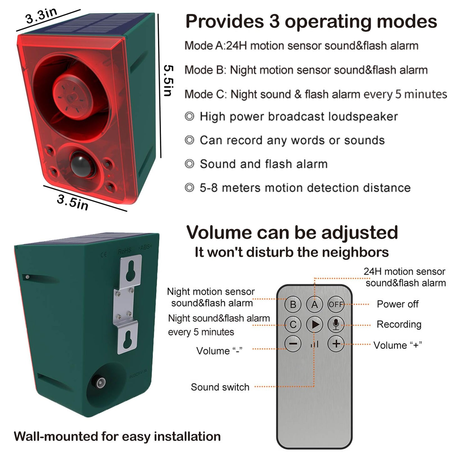 Solar Outdoor Motion Detector Alarm with 130dB Dog Barking & Gunshot Sounds, USB Charging & Strobe Light, Deter Intruders Effectively