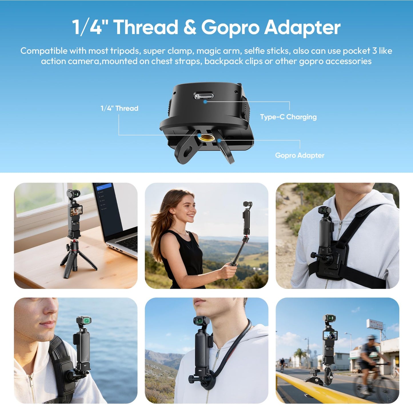 XIAOTJ Pocket 3 Tripod Stand Handle with Charging Adapter Base for DJI Osmo Pocket 3 4/Xtra Muse, with Action Camera Adapter & 1/4 Screw Hole