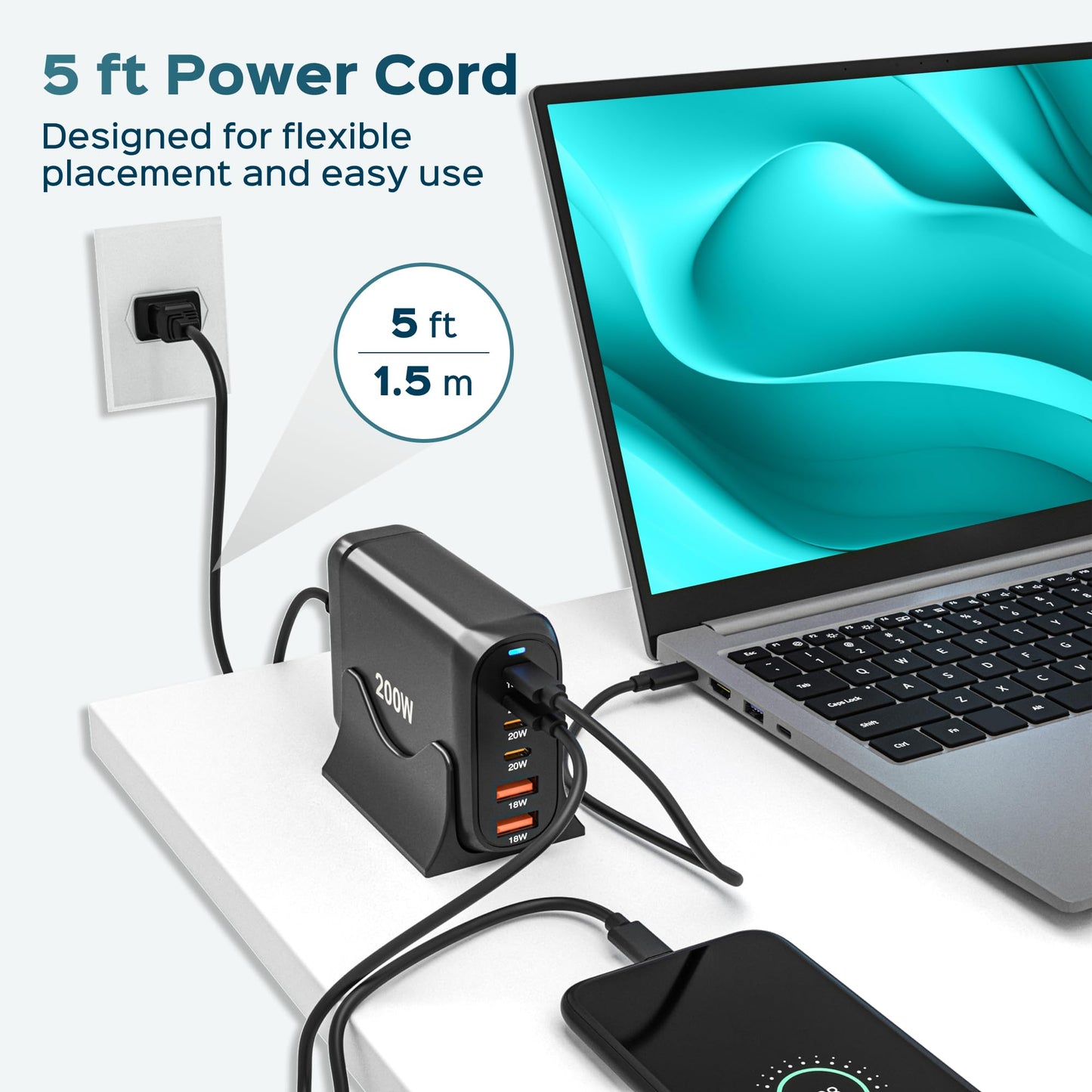 Turonic 200W Charging Station USB-C & USB-A Desktop Charger, 4 USB-C + 2 USB-A Ports, 100W Max USB-C Fast Charging, High-Power Multiport Charging Hub