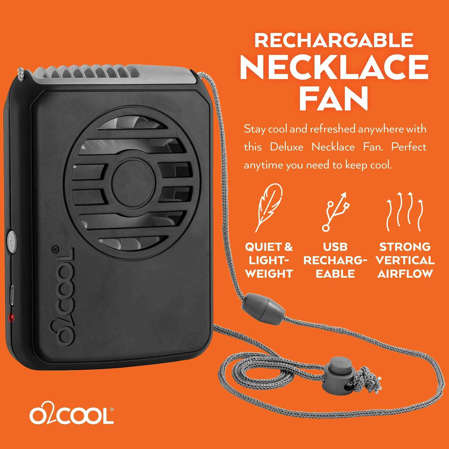 O2COOL Personal Rechargeable Neck Wearable Lanyard Fan Dark Black