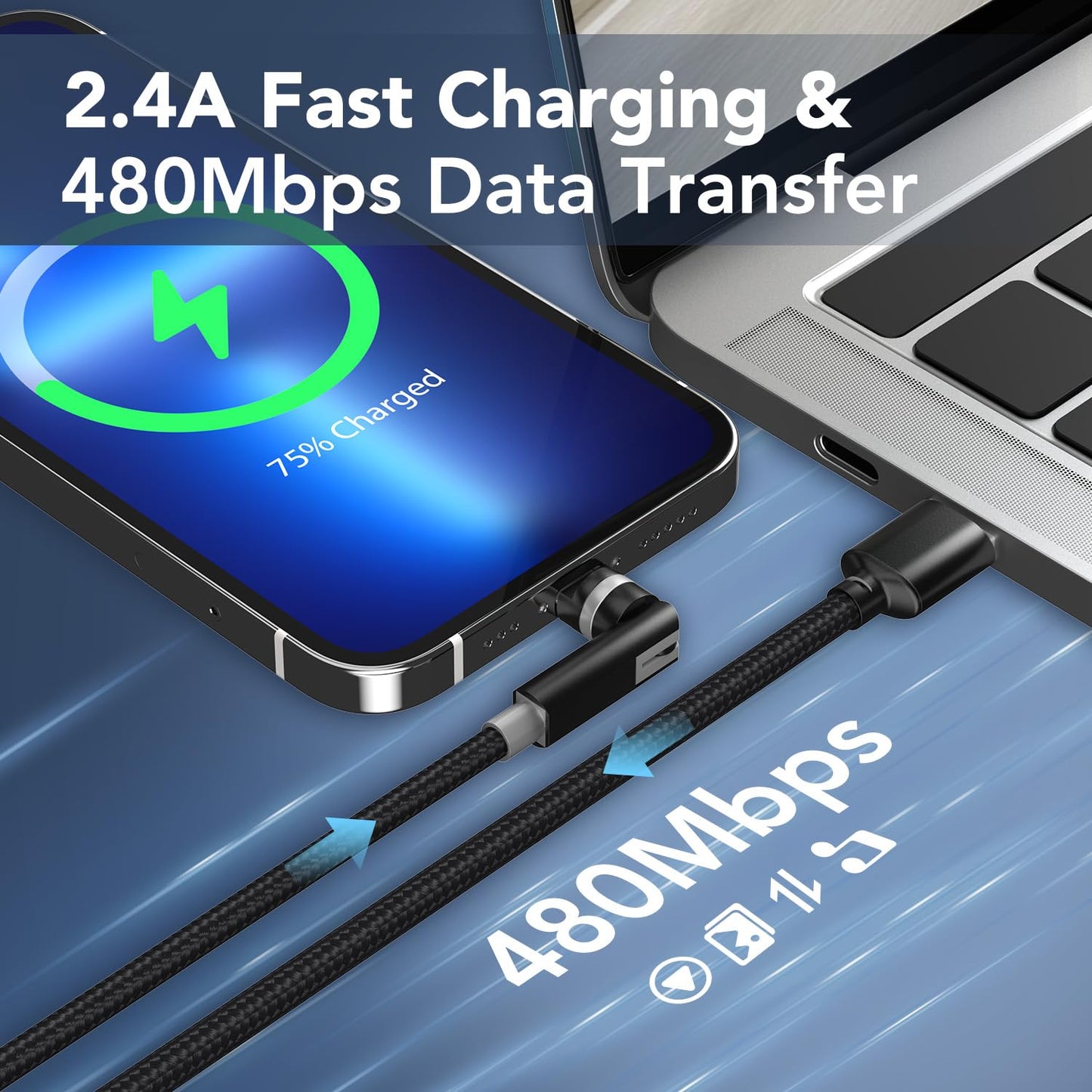 90 Degree Lightning Cable with 360 Rotating Head - 6.6FT MFi Right Angle Nylon Braided iPhone Charger Cord with 2.4A Fast Charge, Data Sync, CarPlay…