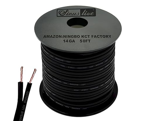 SINUS LIVE 14AWG Gauge Speaker Cable Speaker Wire Black 50FT 100FT (50FT), Elastic PVC, Great Use for Car Speakers Stereos, Home Theater Speakers
