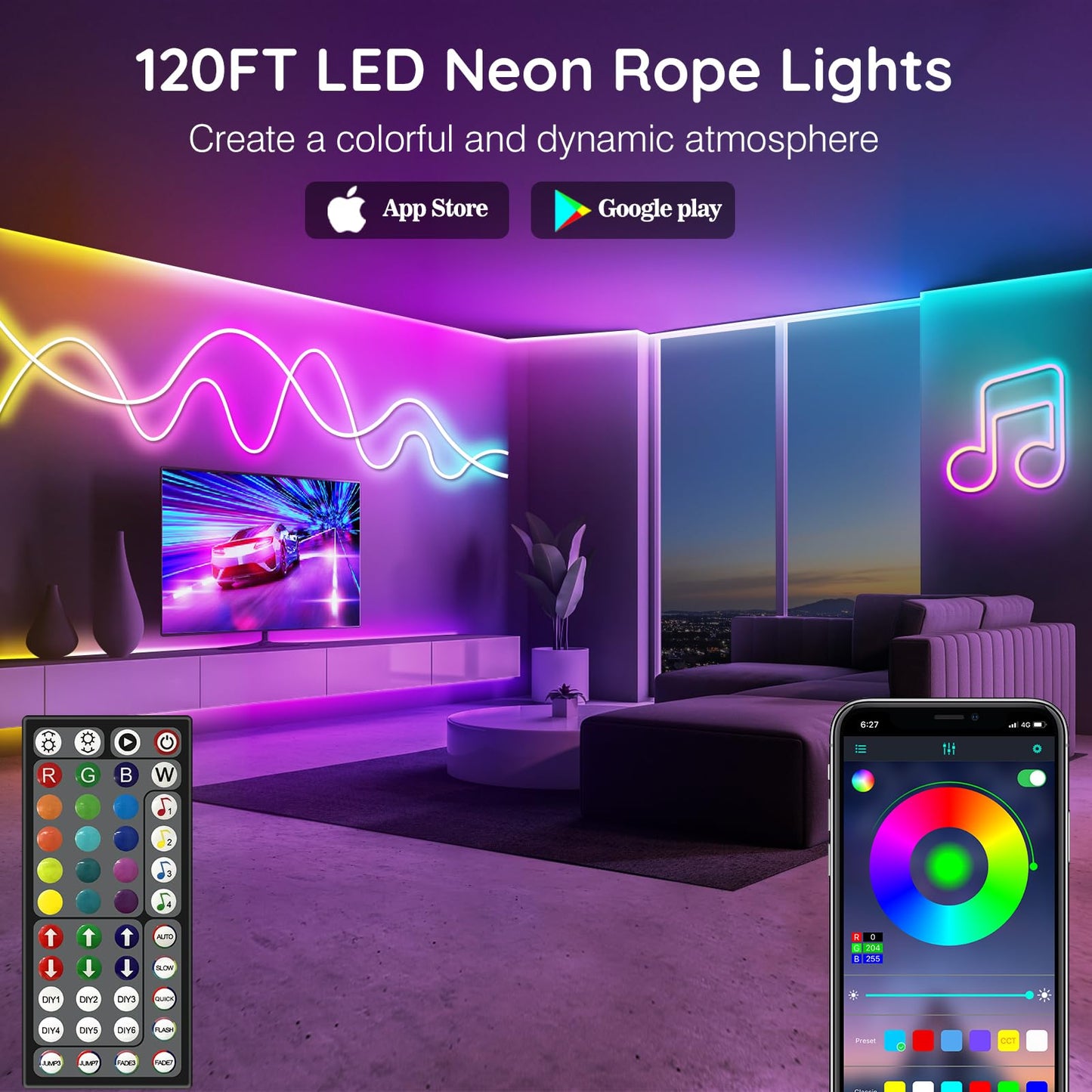 LETIANPAI 120Ft Neon Rope Lights,Flexible Led Rope Lights Control with App/Remote,Multiple Modes Music Sync Gaming RGB Led Neon Lights for Bedroom