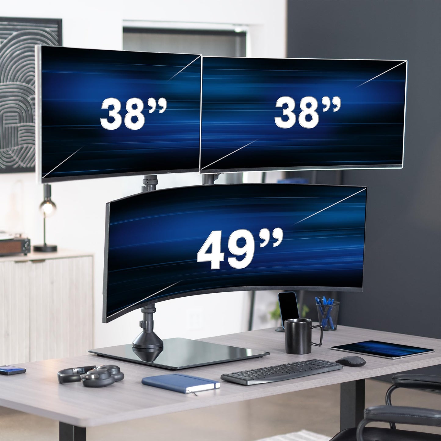 VIVO Pneumatic Arm Triple Ultrawide Monitor Desk Stand for Up to 49 inch Screens with Tempered Glass Base, Holds 3 Ultra Wides Up to 33 lbs Each
