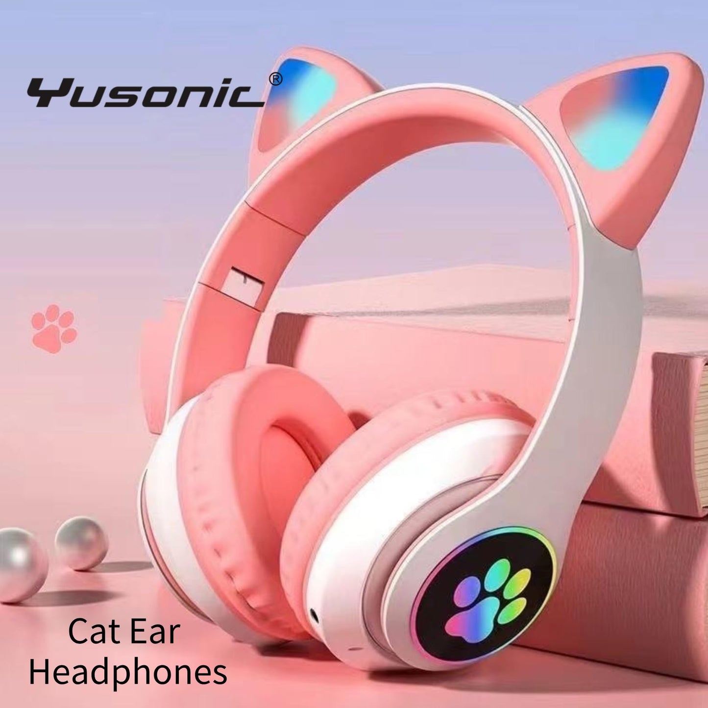 YUSONIC Cat Ear Bluetooth Headphones for Kids & Adults, Wireless Foldable & Wired Multi-Function LED Light Up Over Ear Headphones with Mic and Volume
