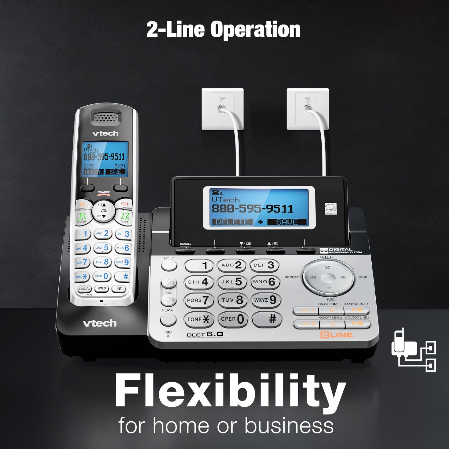 VTech DS6151-2 2-Line Expandable Cordless Phone System with 2 Handsets, Digital Answering System, Caller ID, DECT 6.0 - Home & Small Business