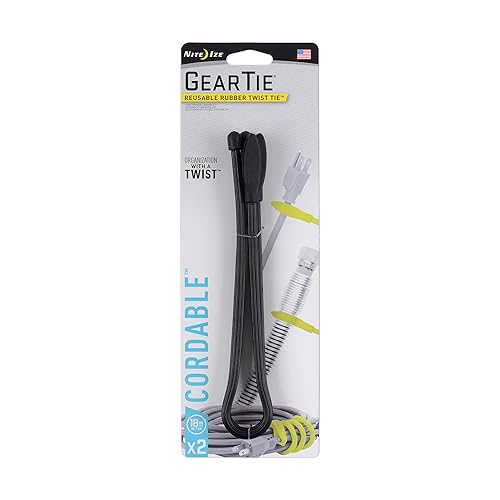 Nite Ize Gear Tie Cordable, The Original Reusable Rubber Twist Tie with Stretch-Loop for Cord Management + Storage, 18-Inch, Black, 2 Pack, Made in