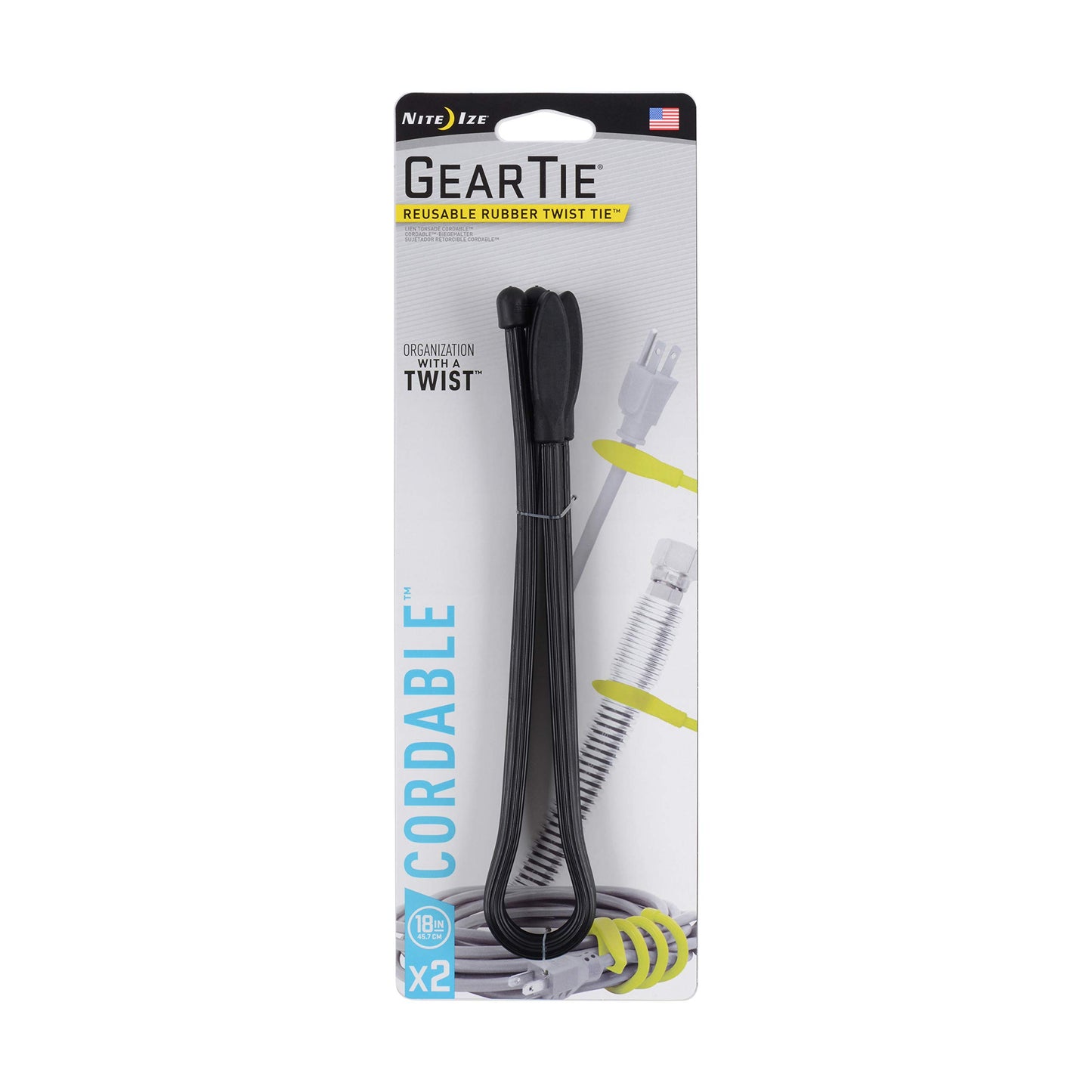 Nite Ize Gear Tie Cordable, The Original Reusable Rubber Twist Tie with Stretch-Loop for Cord Management + Storage, 18-Inch, Black, 2 Pack, Made in