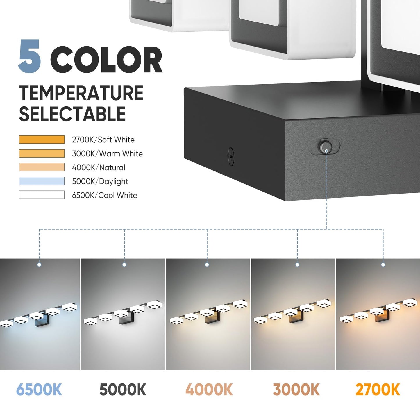 MYTH REALM LED Modern Bathroom Light Fixtures Over Mirror, 5-Light Dimmable Vanity Lights, Matte Black Acrylic Bathroom Vanity Light, 2700K-6500K