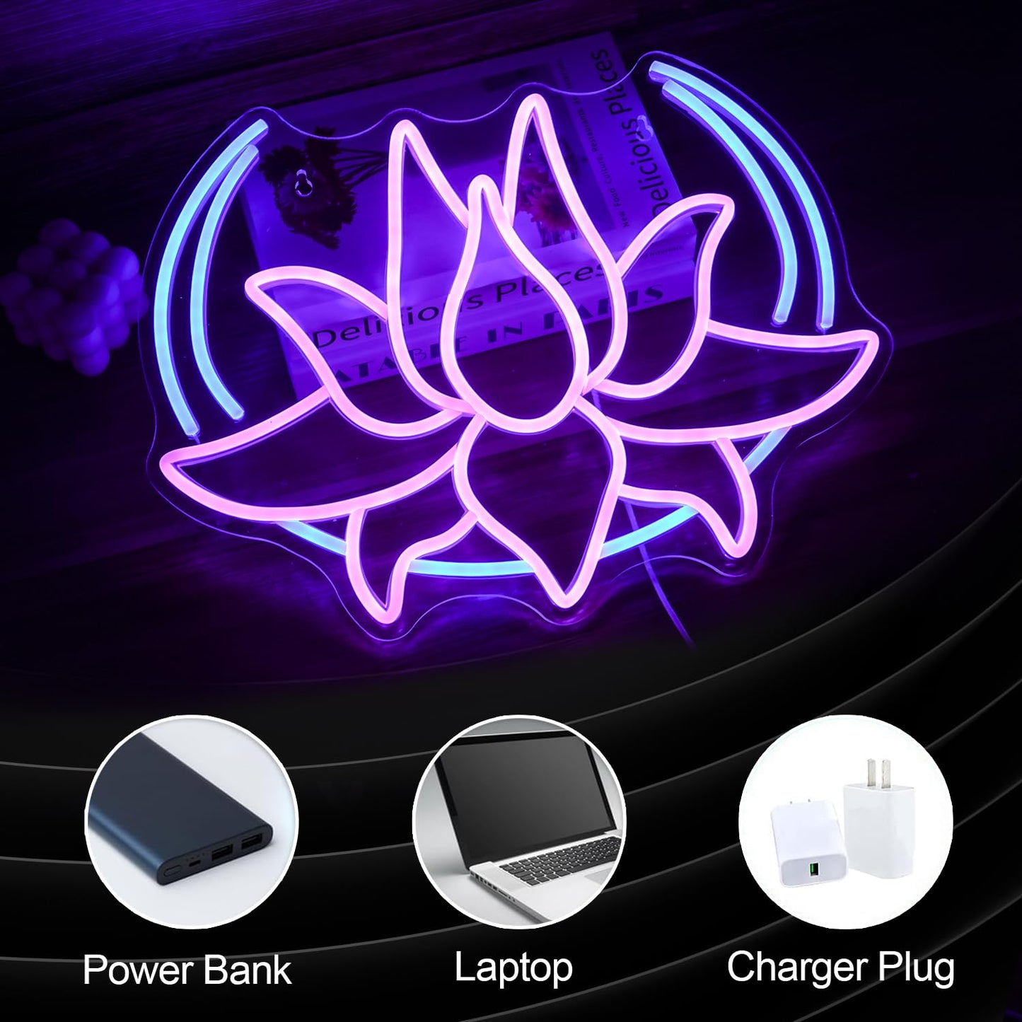 BNEMCEZH Moon Lotus Flower Neon Sign Dimmable Blue Moon Neon Light Sign for Wall Decor USB Power Purple Lotus Led Light Up Sign for Bedroom Yoga Room