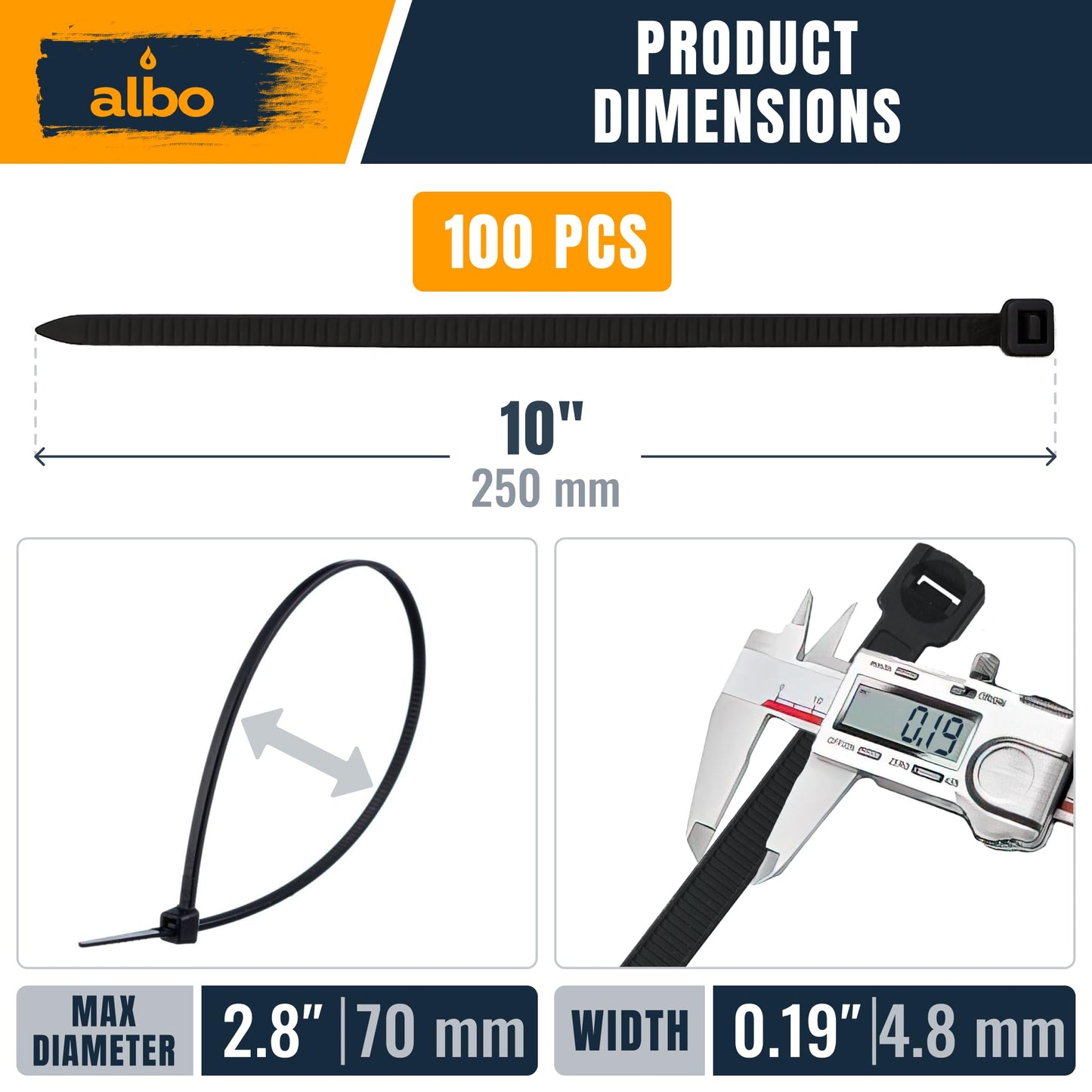 ALBO Zip Ties Black 10 Inch 100 Pack 50 lb, Long Plastic Cable Ties Thick 0.19 Inch Tie Wraps Heavy Duty UV Resistant Nylon Wire Ties for Indoor