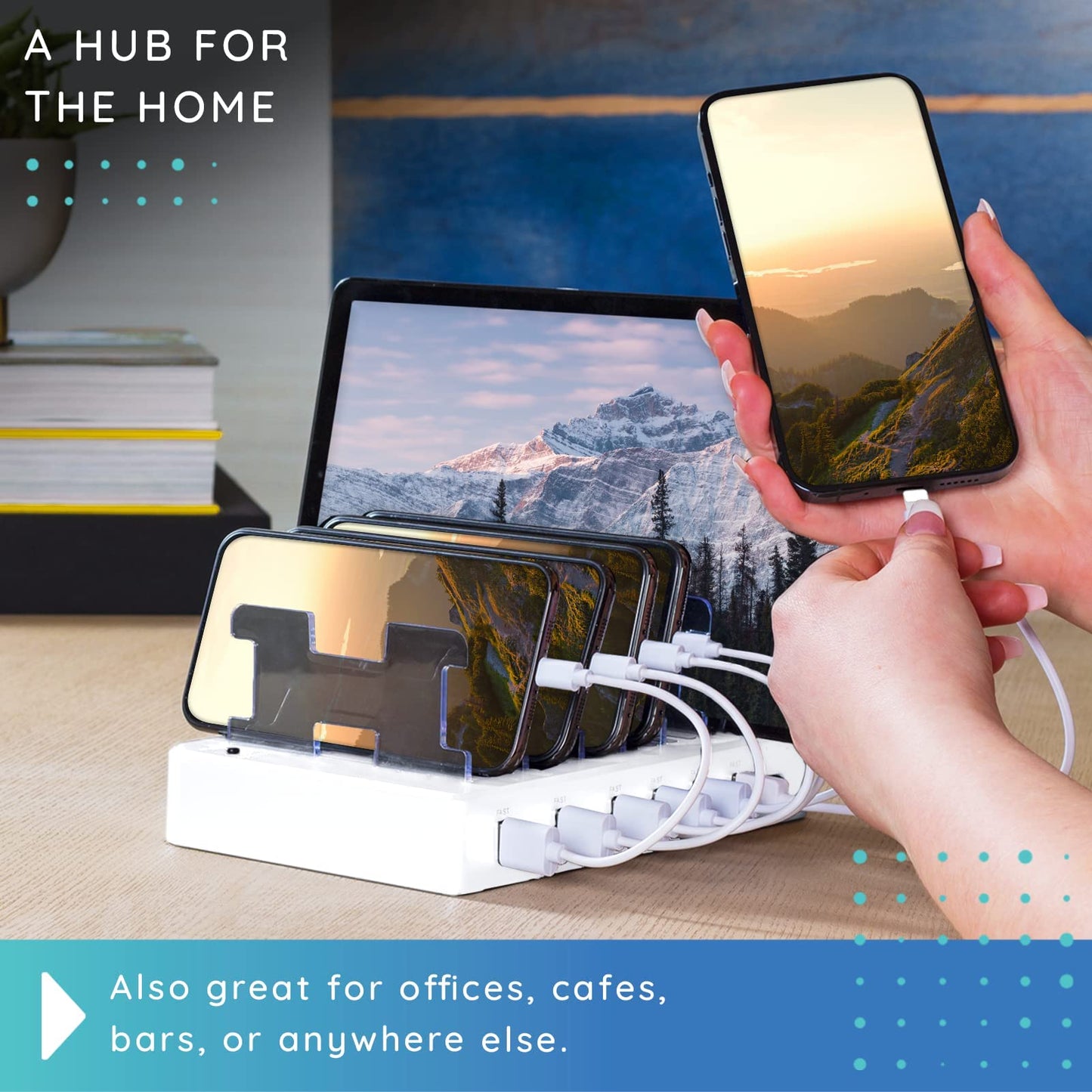 Charging Station for Multiple Devices - 6-Port USB Charging Dock for Apple & Android - Fast Multi-Charger Organizer for Phones, Tablets & More (White)