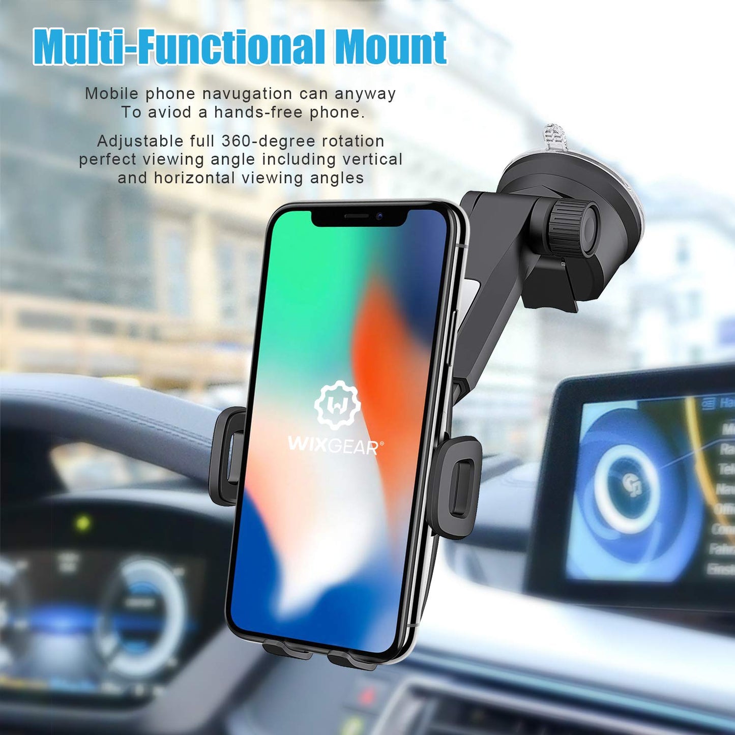 WixGear Phone Holders for Your Car - Dashboard & Windshield Car Phone Holder Mount with 60° Rotation, Strong Double Lock Suction Cup, Soft Anti-Slip