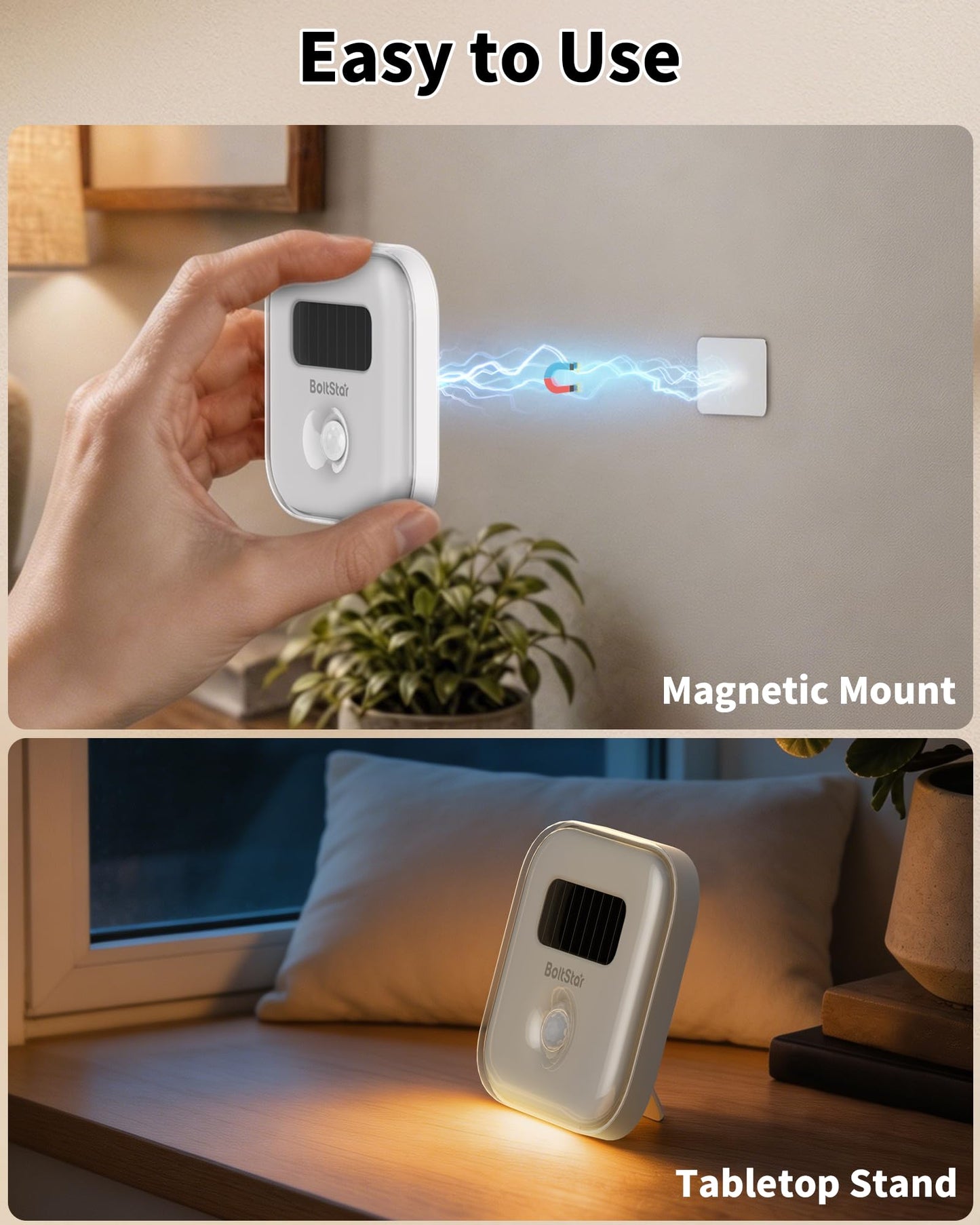 Magnetic Motion Sensor Night Light: Solar Night Light Indoor with No Plug Needed, Magnet Wall Mount or Tabletop, 3000K Warm White Automatic NightLight
