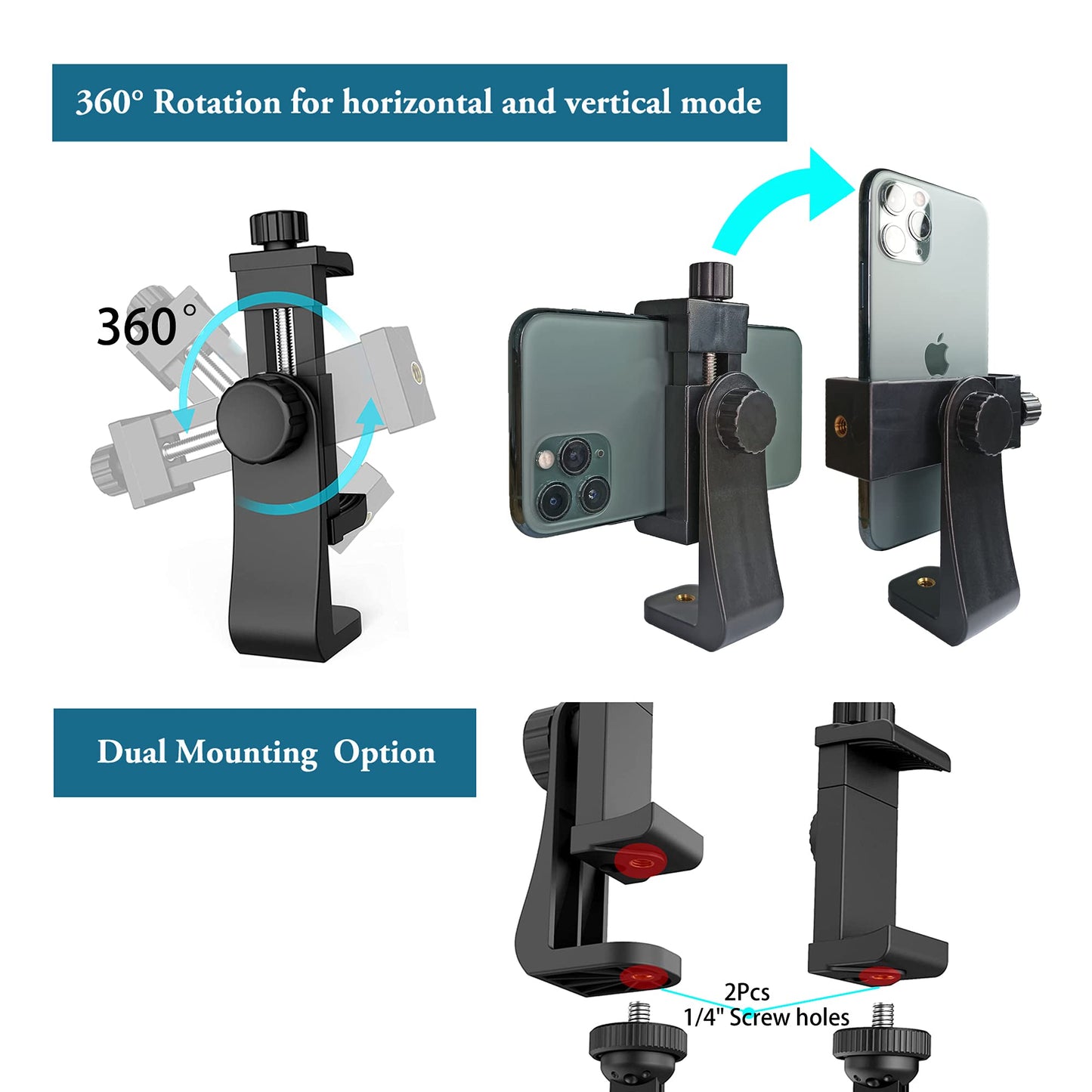Peastrex Universal Phone Tripod Mount Adapter with ?ireless Camera Remote, Cellphone Holder Vertical and Horizontal Tripod Mount Rotatable Bracket