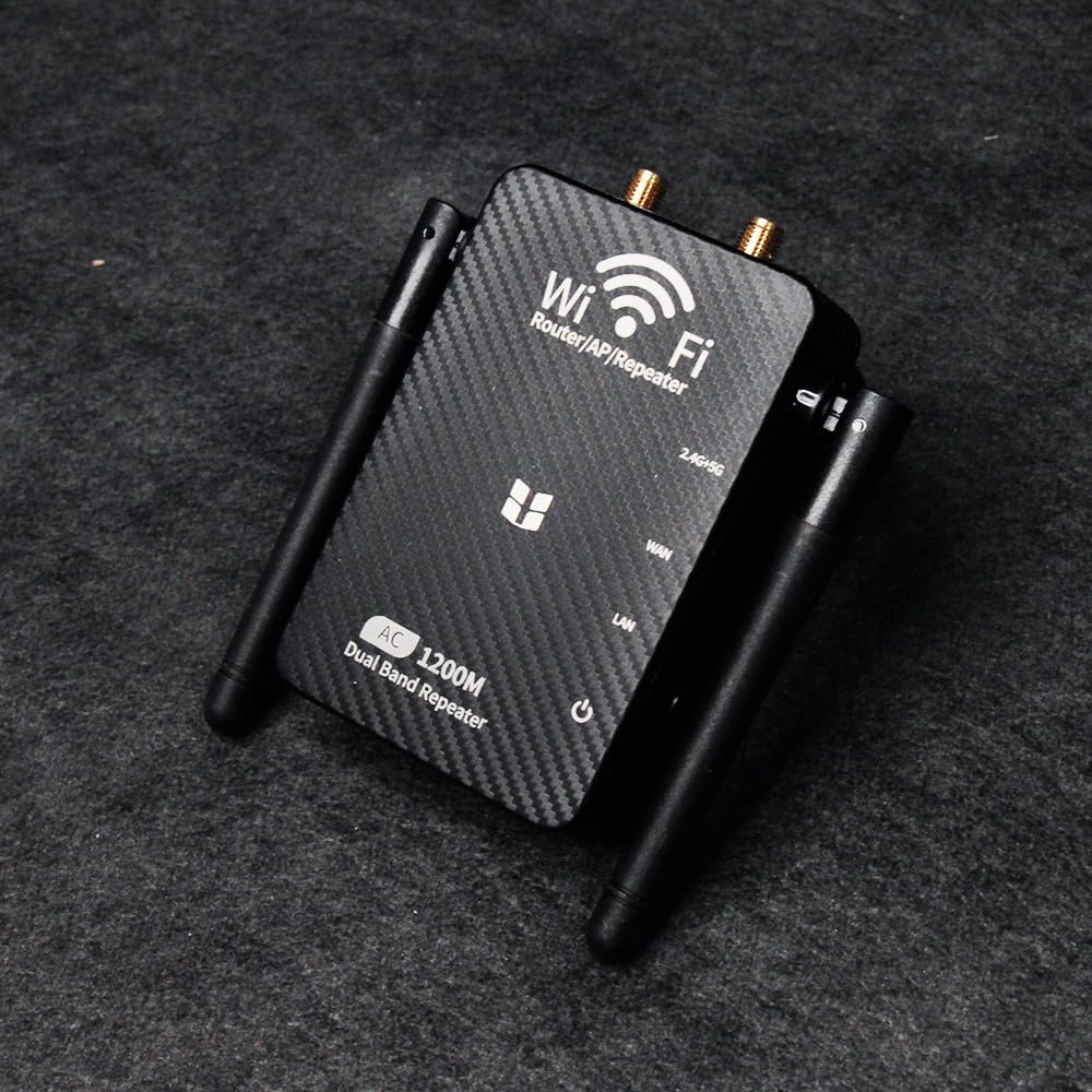 Fangweida Dual Band WiFi Repeater, 1200M Router with 4 Antennas, Carbon Fiber Design, Black