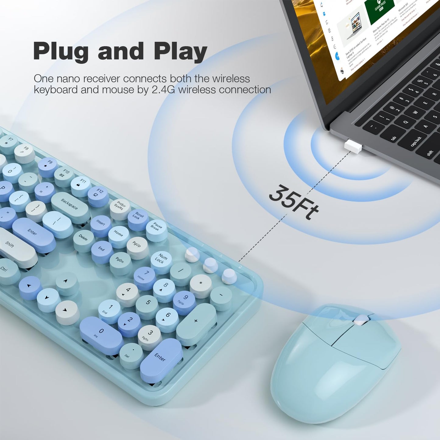MOFII Wireless Keyboard and Mouse Combo, Retro Keyboard with Round Keycaps, 2.4GHz Dropout-Free Connection, Cute Wireless Mouse