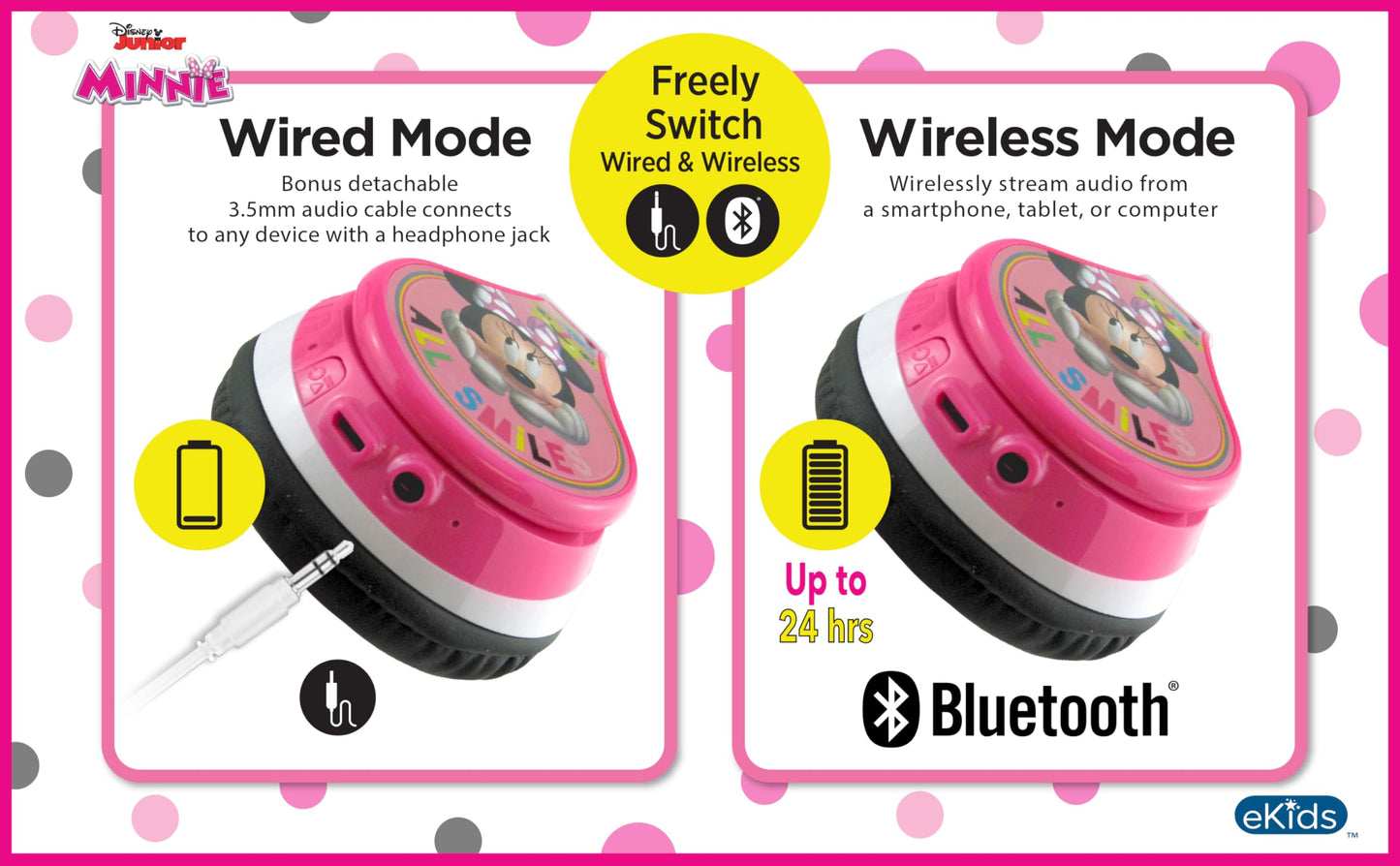 eKids Minnie Mouse Kids Bluetooth Headphones, Wireless with Microphone Includes Aux Cord, Volume Reduced Foldable Headphones for School, Home, or