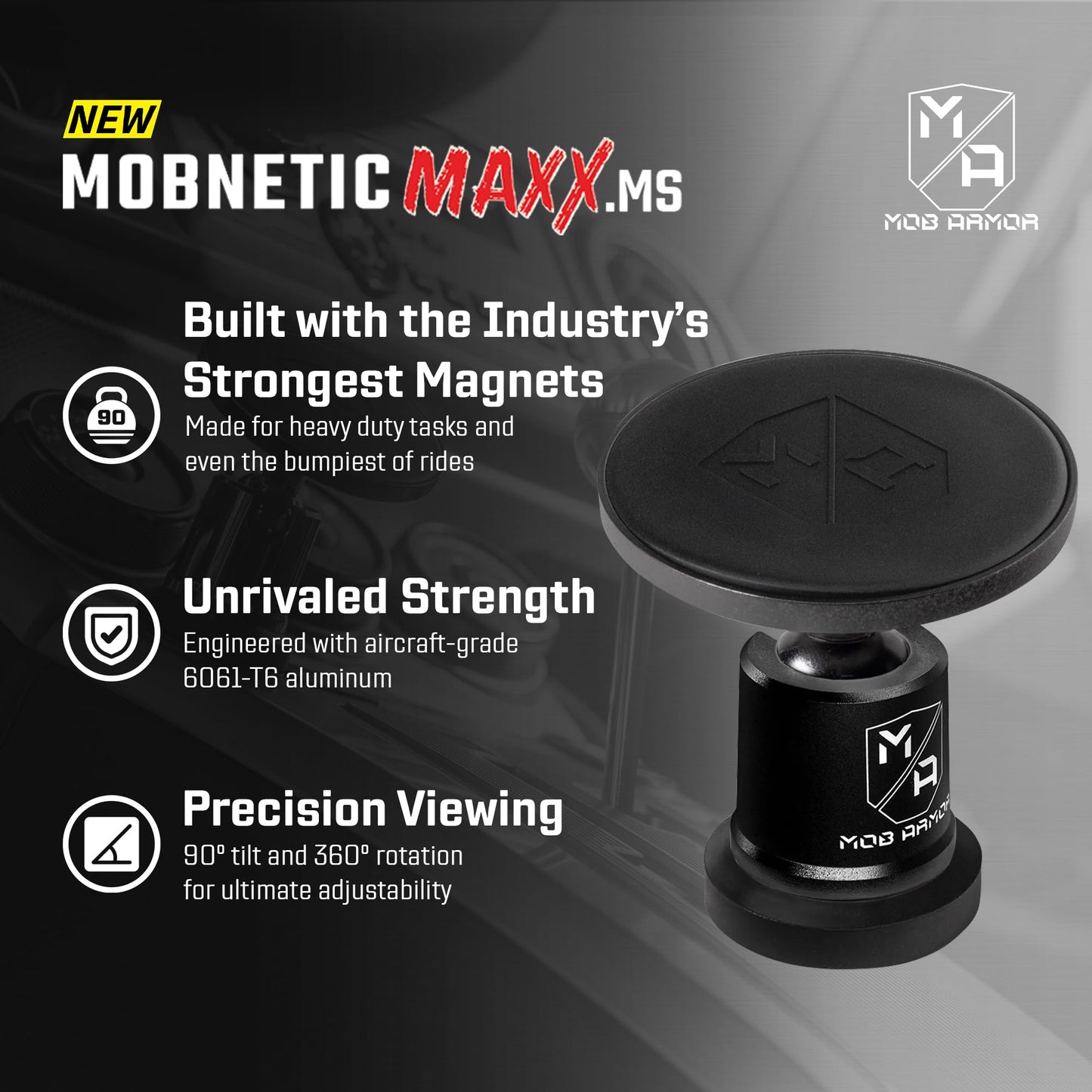 Mob Armor MobNetic Maxx MS - MagSafe Compatible Car Phone Mount w/ 90º Tilt, 360º Rotation & Durable Aluminum Build, Magnetic Holder for iPhone