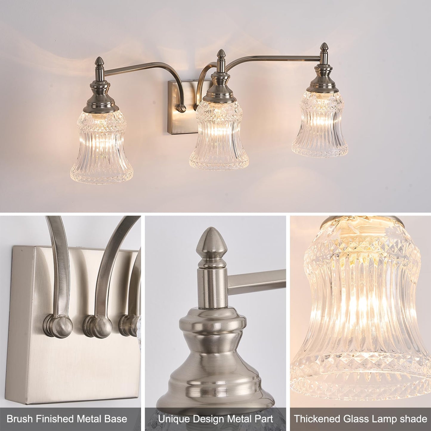 FALINNEAD Bathroom Light Fixture Brushed Nickel Vanity Lighting 3 Lights Bathroom Wall Scone for Bedroom Living Room Hallway