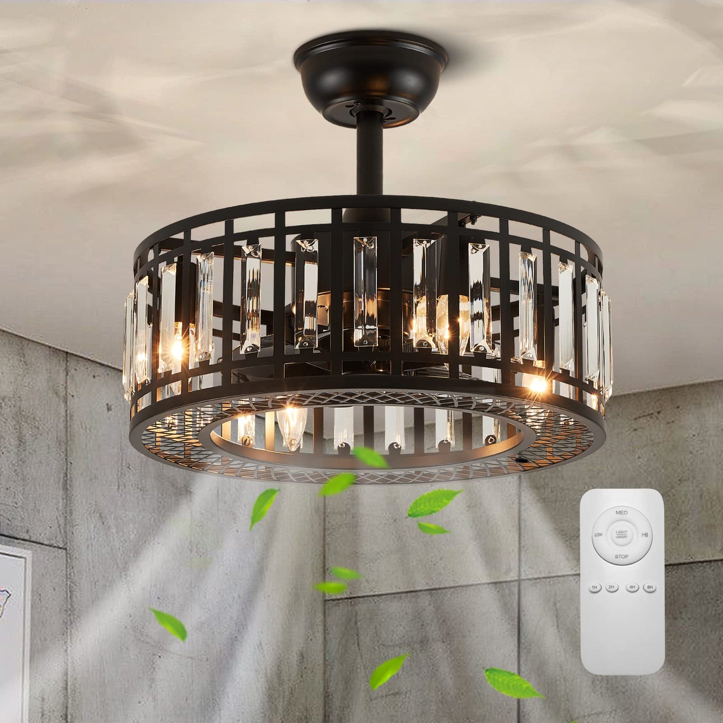 MOOONICHE 18" Black Crystal Caged Ceiling Fan with Light and Remote, Industrial Caged Chandelier Fan 8-Blade Fandelier Modern Enclosed Ceiling Fan