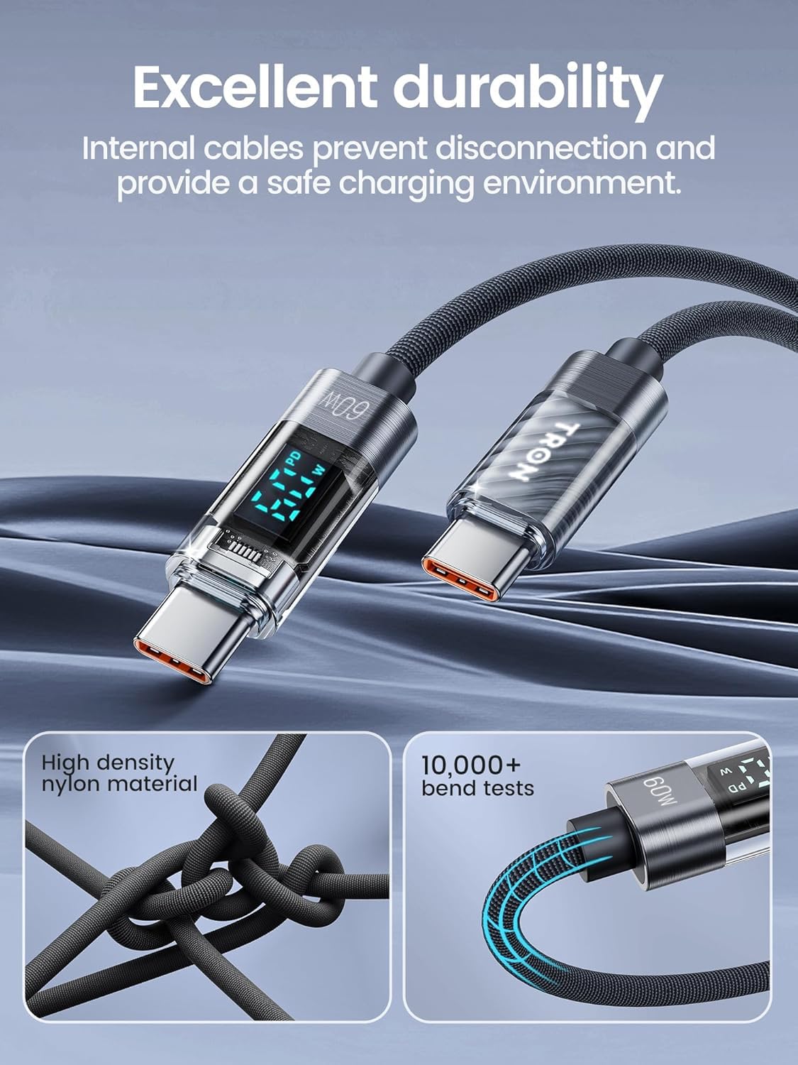 TRON 43W Dual Port Car Charger, USB-C PD 25W + USB-A 18W Fast Charging, Transparent LED Body, 12V/24V Car Adapter, Black/Blue/Gray, Optional 5ft USB-C