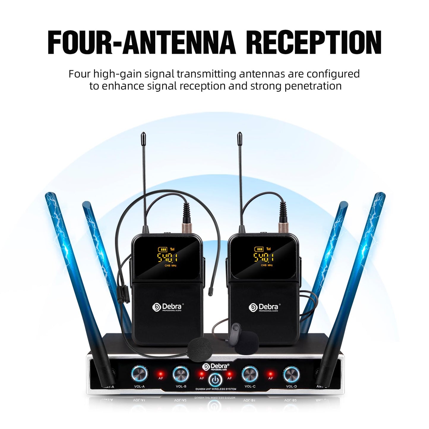 D Debra Audio Pro DU4004 UHF 4 Channel Wireless Microphone System with Lavalier Headset Mics, Ideal for Meeting Church Speech (4 Bodypack)