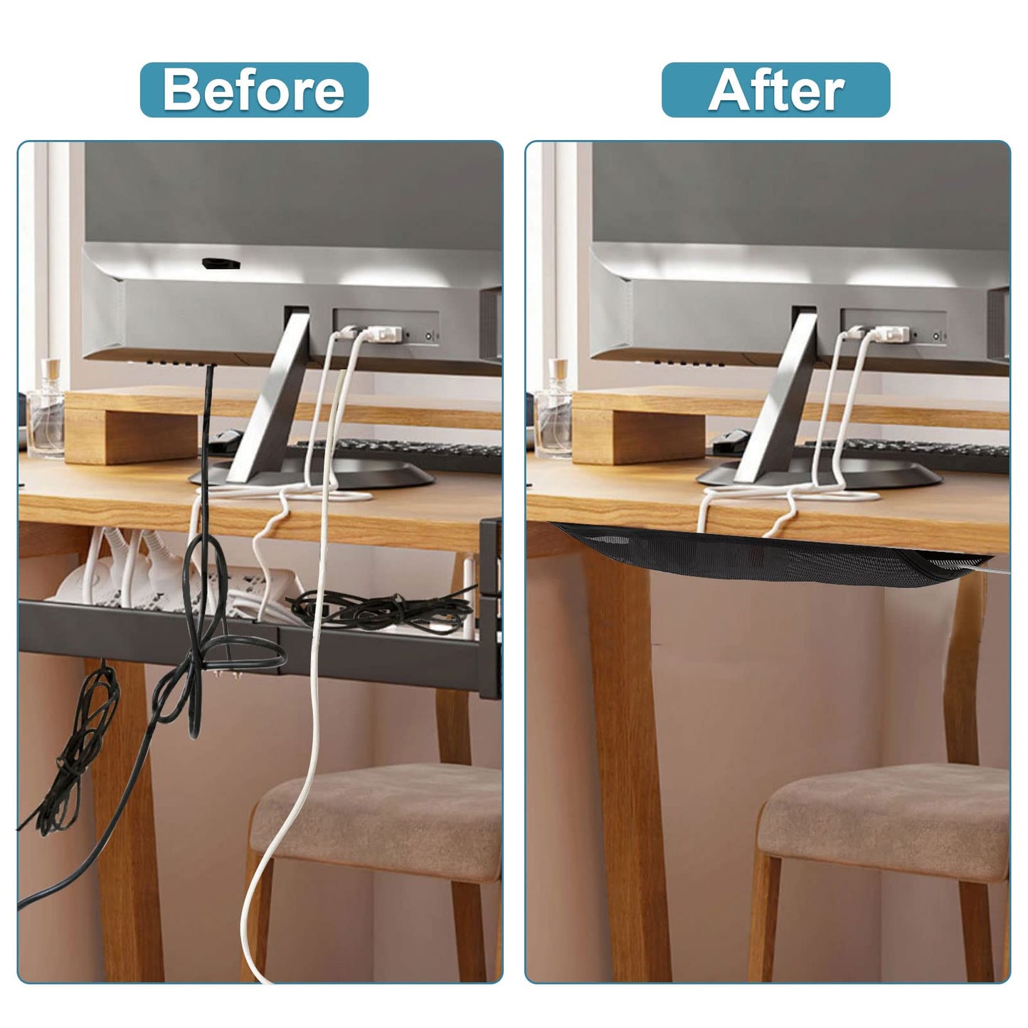 Under Desk Cable Management Net, 36PCS Under Table Cord Management Mesh Organizer Flexible Wire Hiders, Extra Large Capacity Wire Management Kit Under